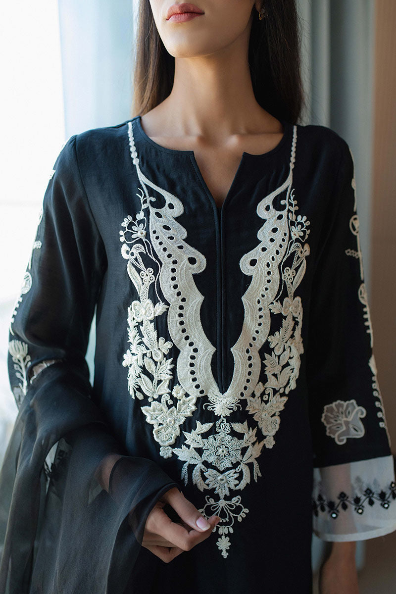 Pakistani Black Ivory Embroidered Kora Cotton Salwar Kameez (3-Piece) - Image 3