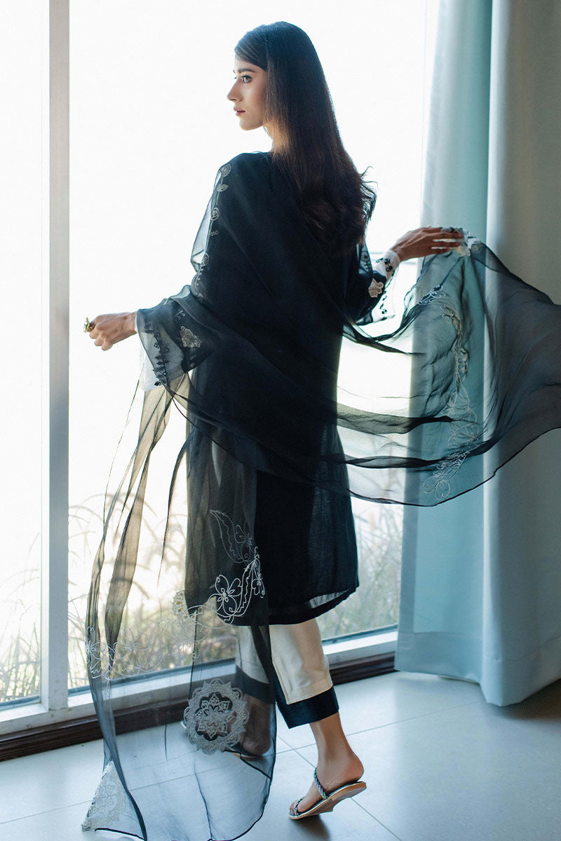 Pakistani Black Ivory Embroidered Kora Cotton Salwar Kameez (3-Piece) - Image 5