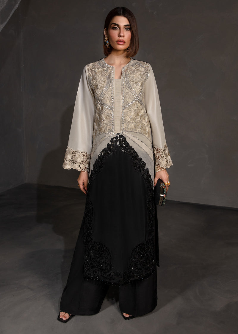 Pakistani Black and Ivory Embroidered Korean Silk Salwar Kameez (2-Piece) - Image 1
