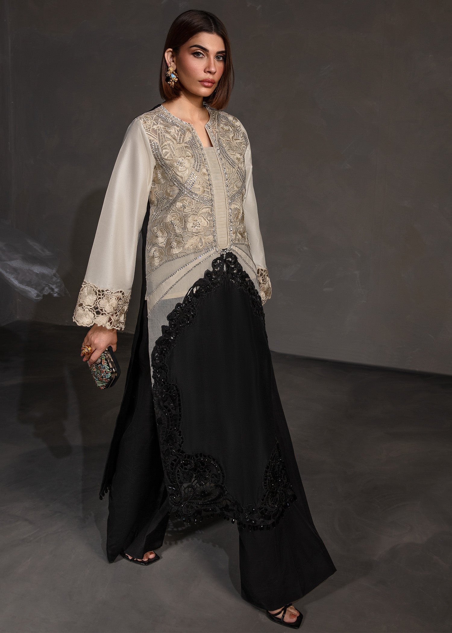 Pakistani Black and Ivory Embroidered Korean Silk Salwar Kameez (2-Piece) - Image 6