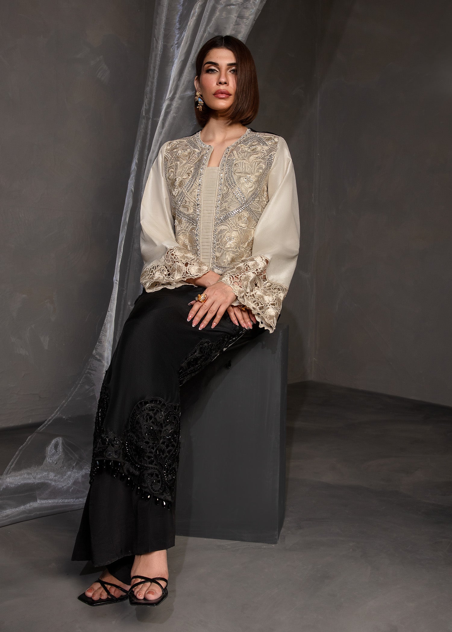 Pakistani Black and Ivory Embroidered Korean Silk Salwar Kameez (2-Piece) - Image 7