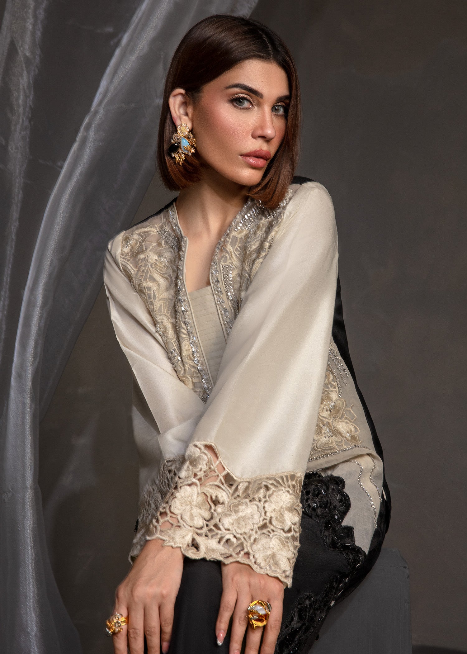 Pakistani Black and Ivory Embroidered Korean Silk Salwar Kameez (2-Piece) - Image 8