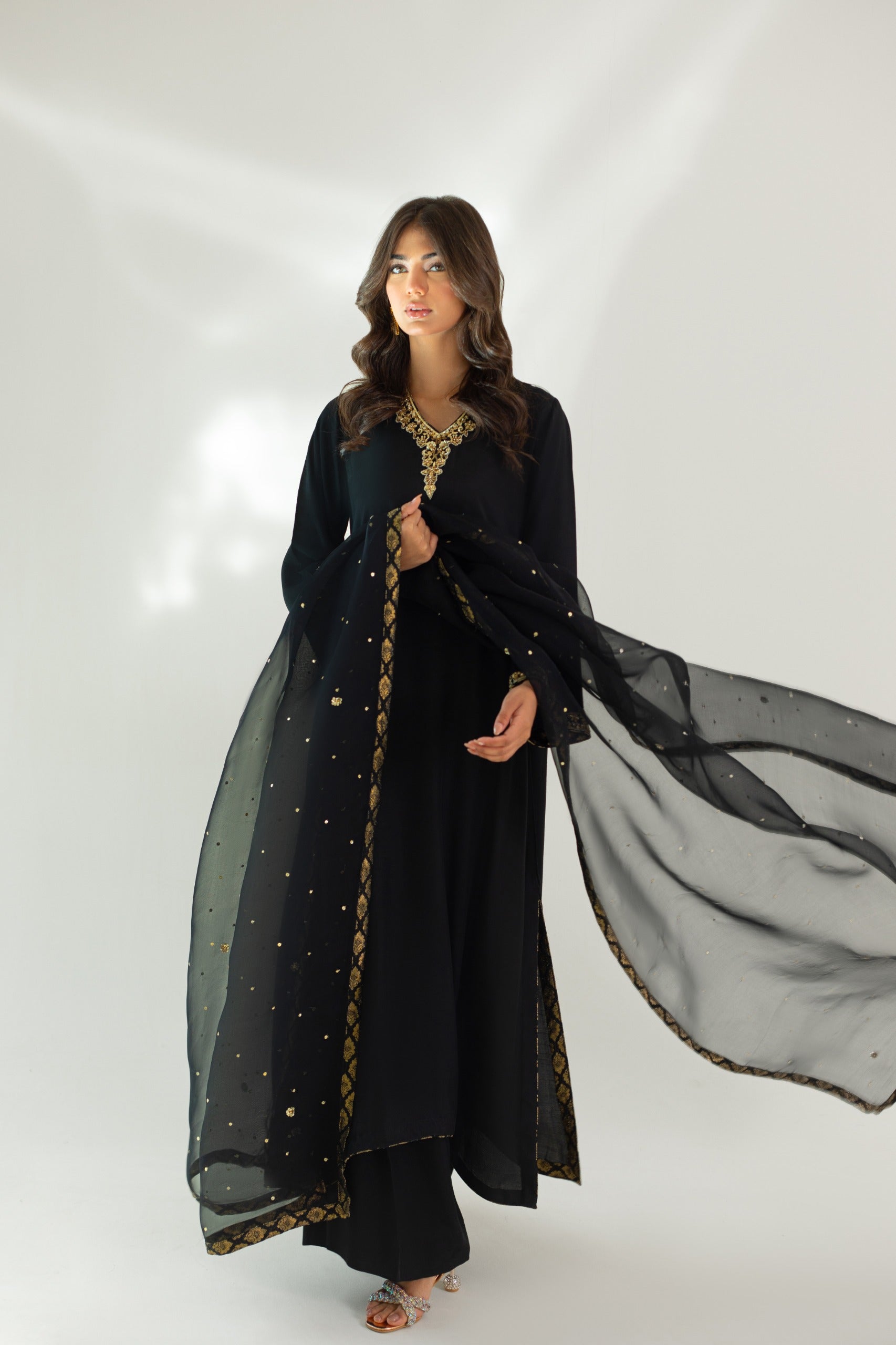 Black Hand-Embroidered Korean Silk Salwar Kameez (3-Piece) - Image 2