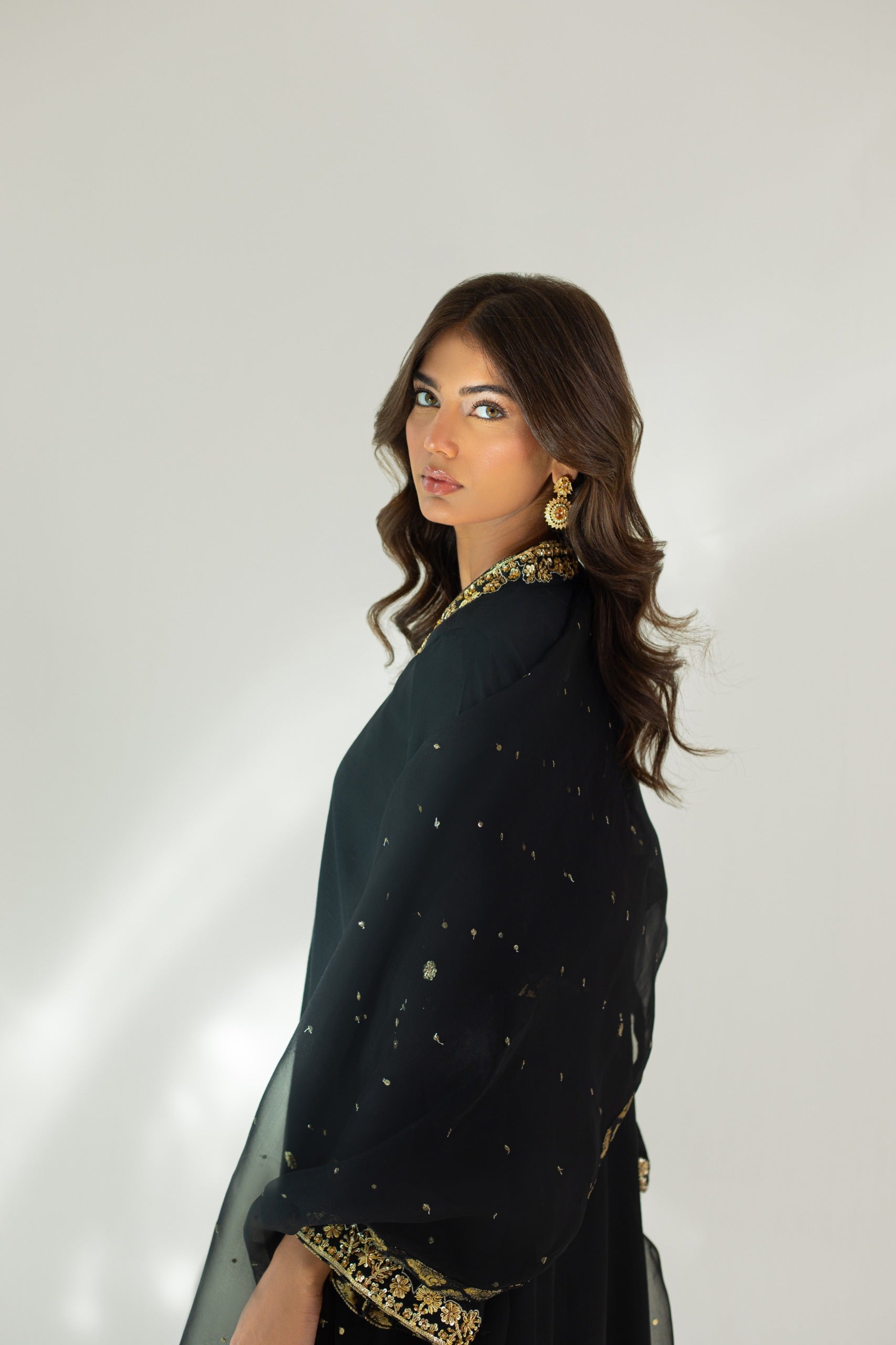 Black Hand-Embroidered Korean Silk Salwar Kameez (3-Piece) - Image 3