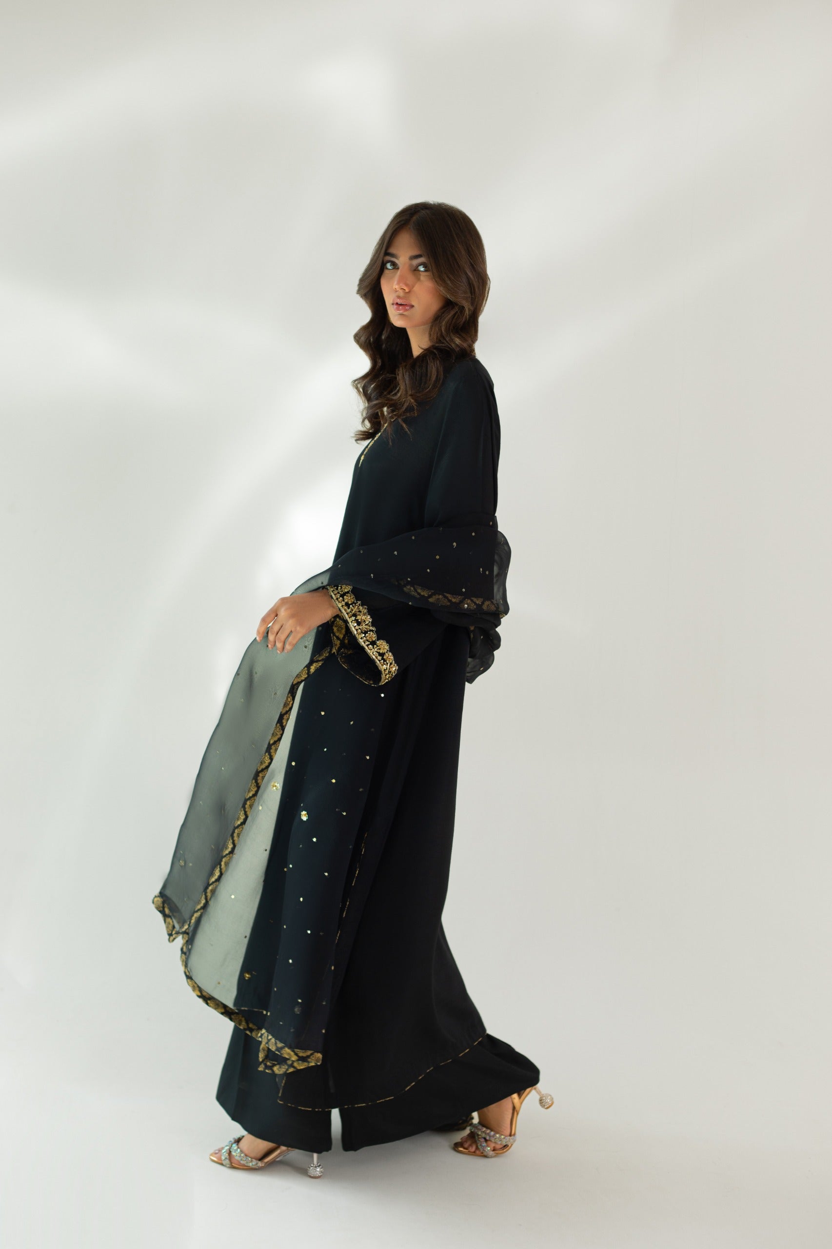 Black Hand-Embroidered Korean Silk Salwar Kameez (3-Piece) - Image 4