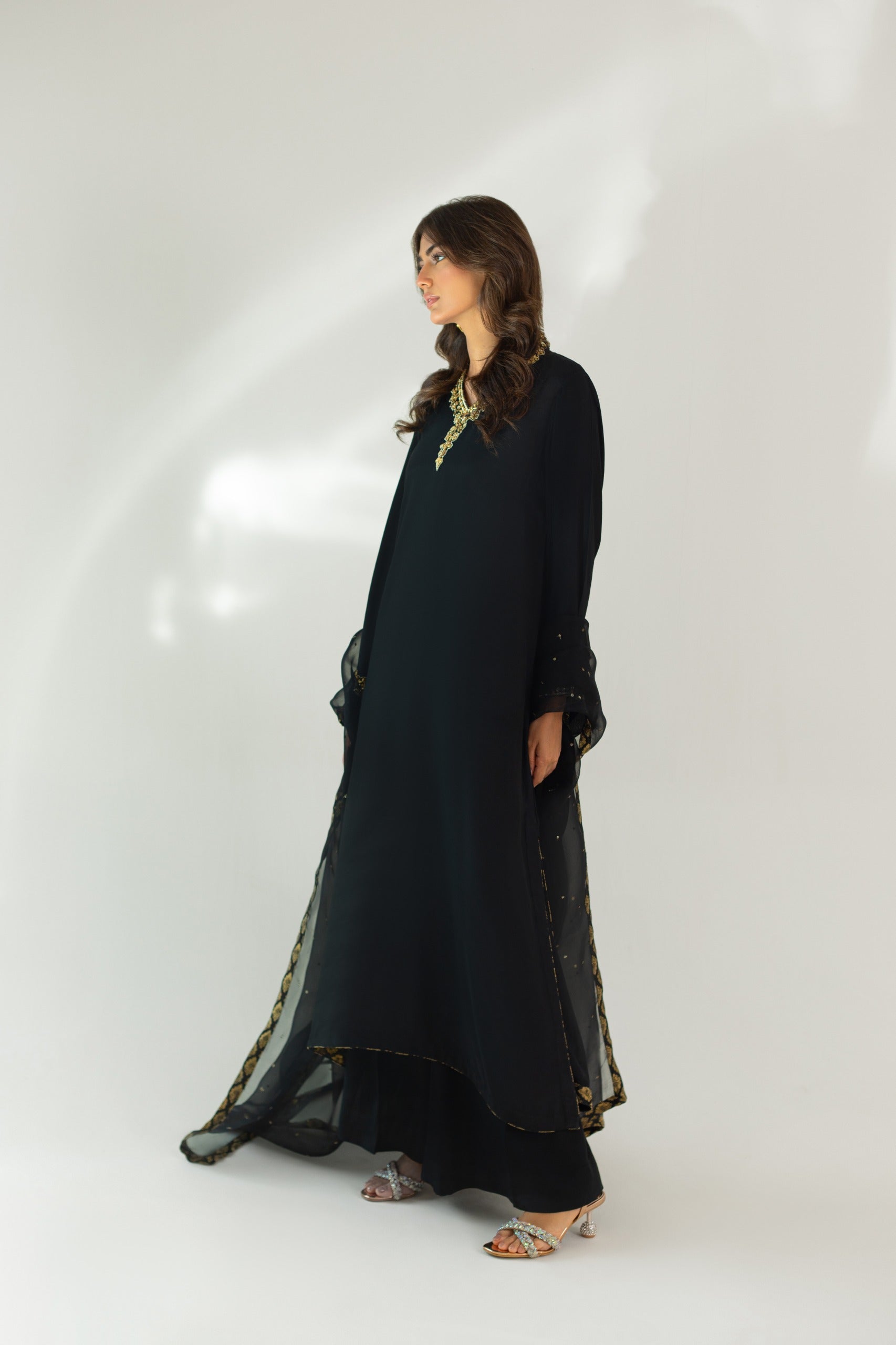 Black Hand-Embroidered Korean Silk Salwar Kameez (3-Piece) - Image 5