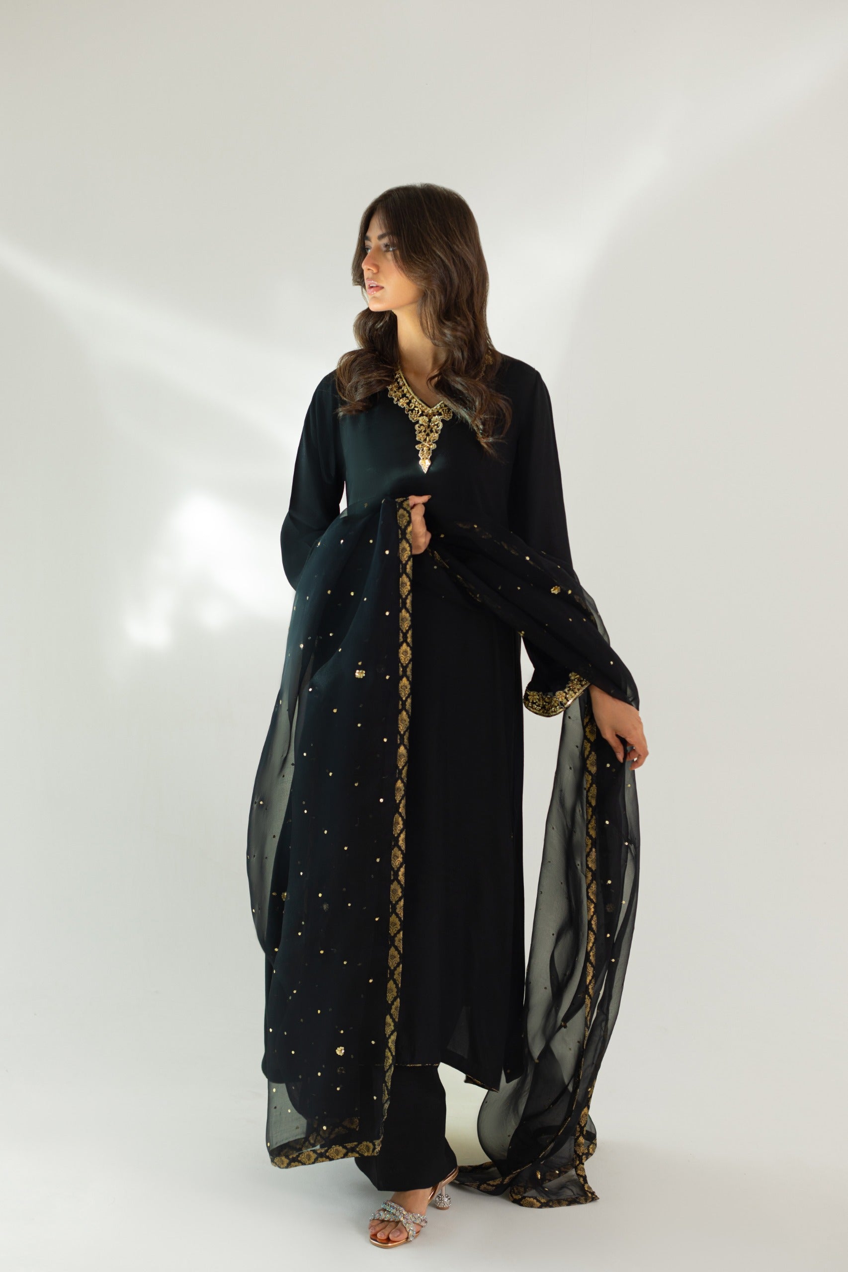 Black Hand-Embroidered Korean Silk Salwar Kameez (3-Piece) - Image 6