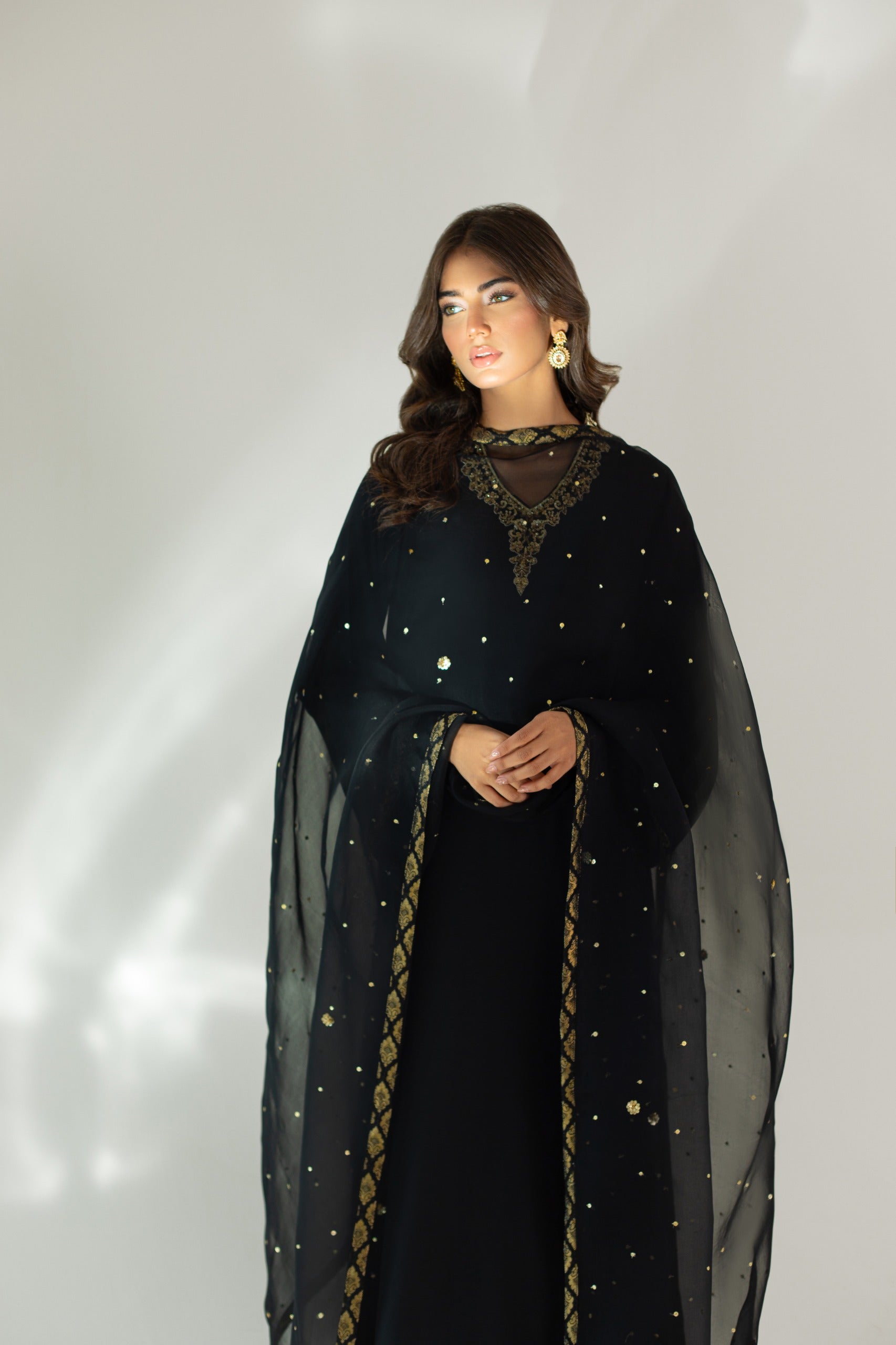 Black Hand-Embroidered Korean Silk Salwar Kameez (3-Piece) - Image 7
