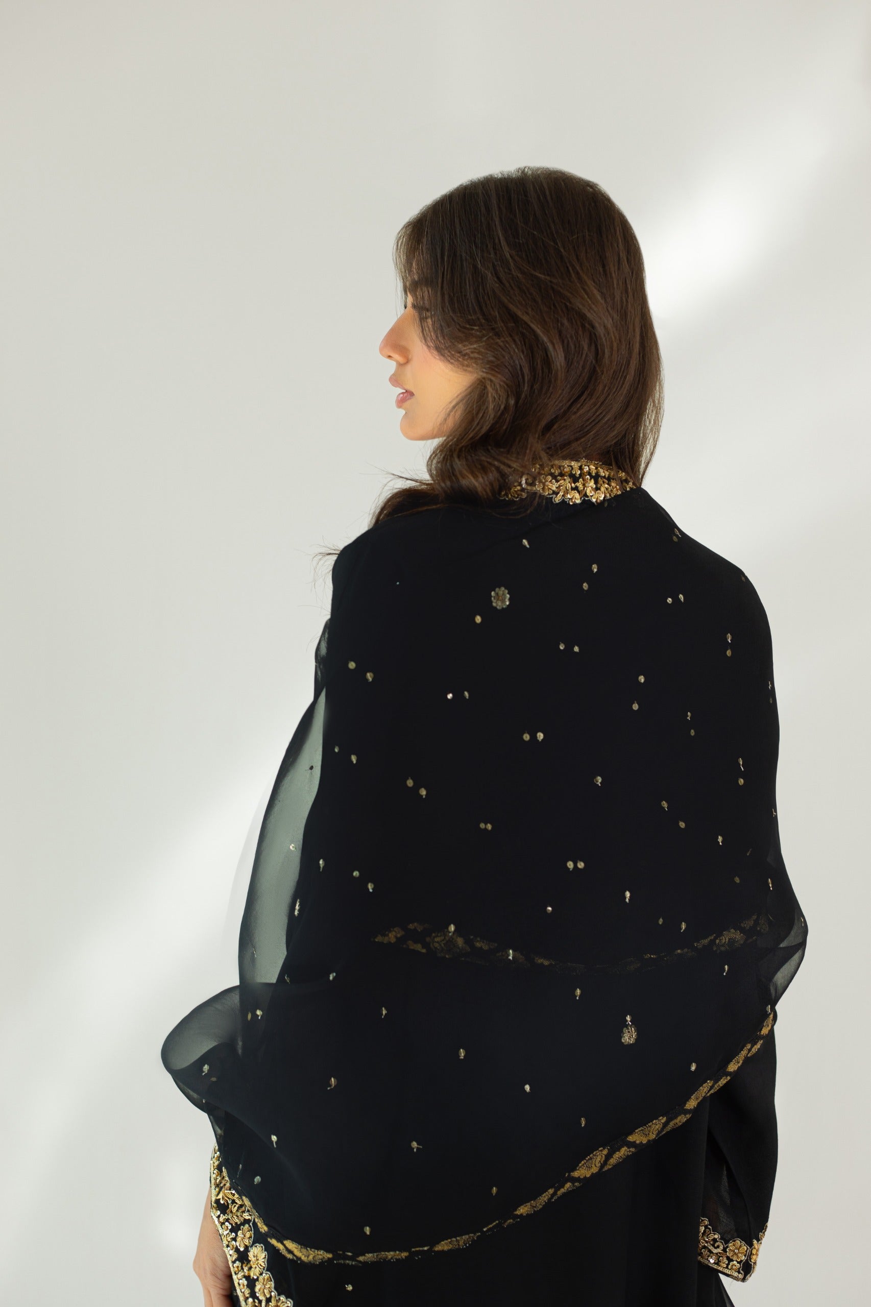 Black Hand-Embroidered Korean Silk Salwar Kameez (3-Piece) - Image 8