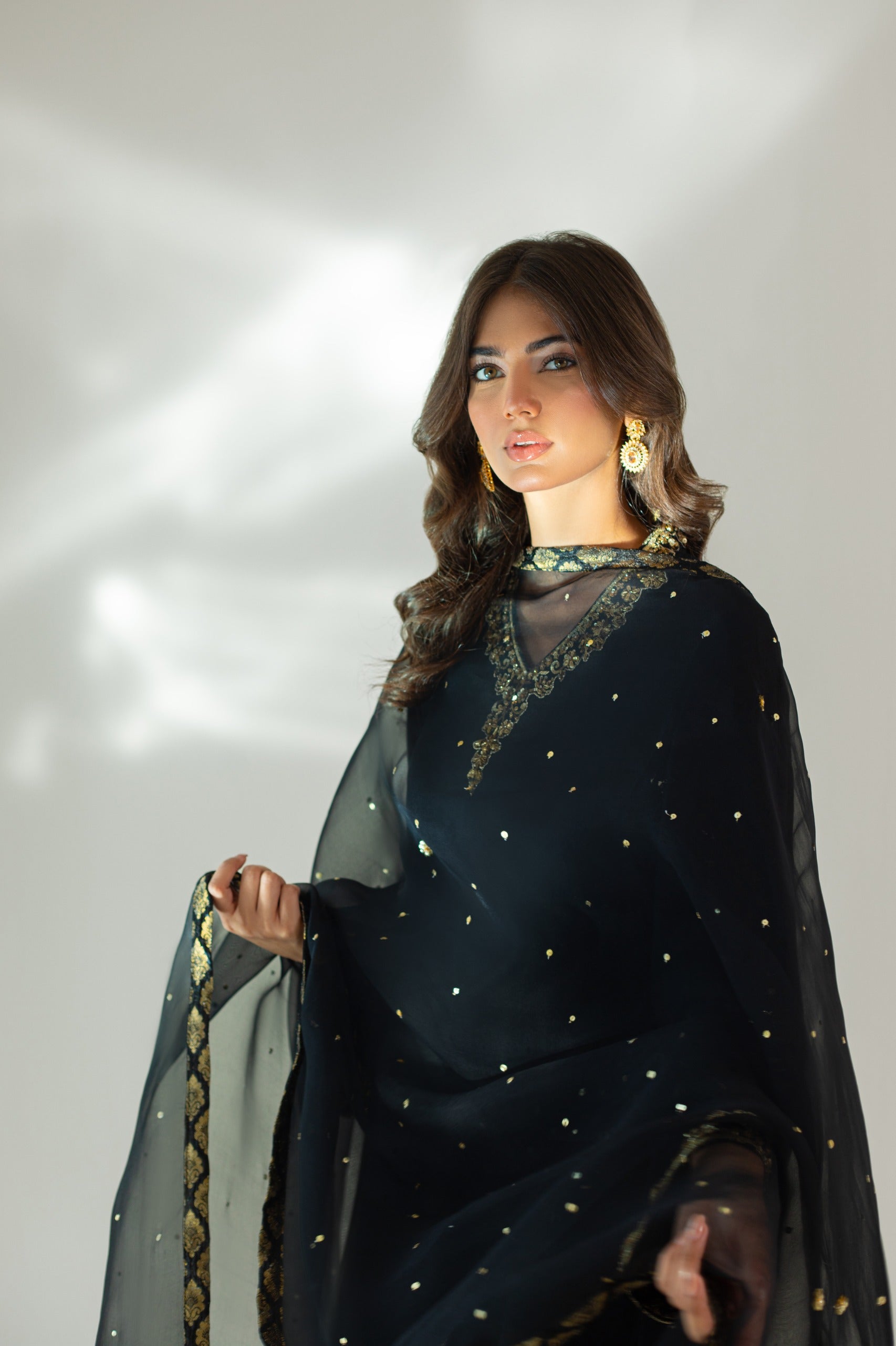 Black Hand-Embroidered Korean Silk Salwar Kameez (3-Piece) - Image 9