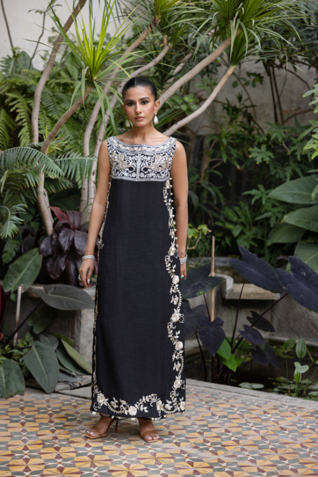 Black Embroidered Korean Silk Salwar Kameez (2-Piece) - Image 1