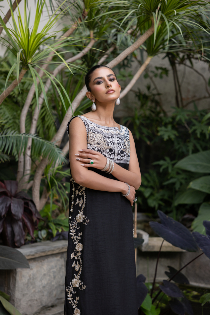 Black Embroidered Korean Silk Salwar Kameez (2-Piece) - Image 4