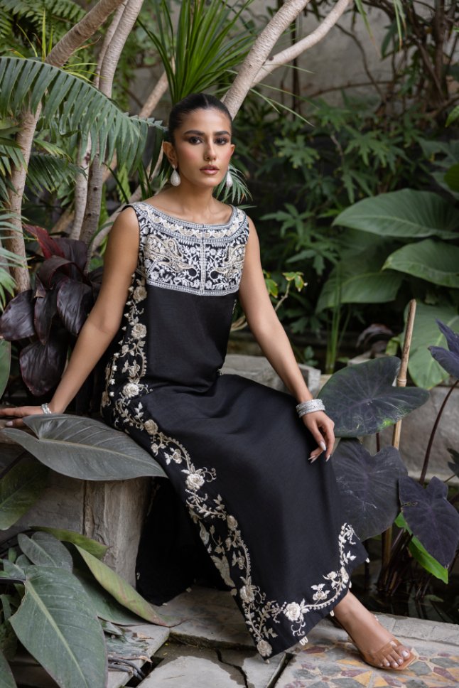 Black Embroidered Korean Silk Salwar Kameez (2-Piece) - Image 5