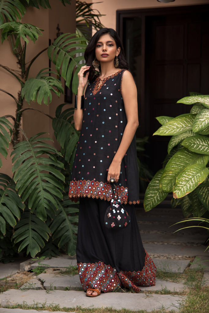 Pakistani Black Mirror Work Korean Silk Palazzo Set (3-Piece) - Image 1