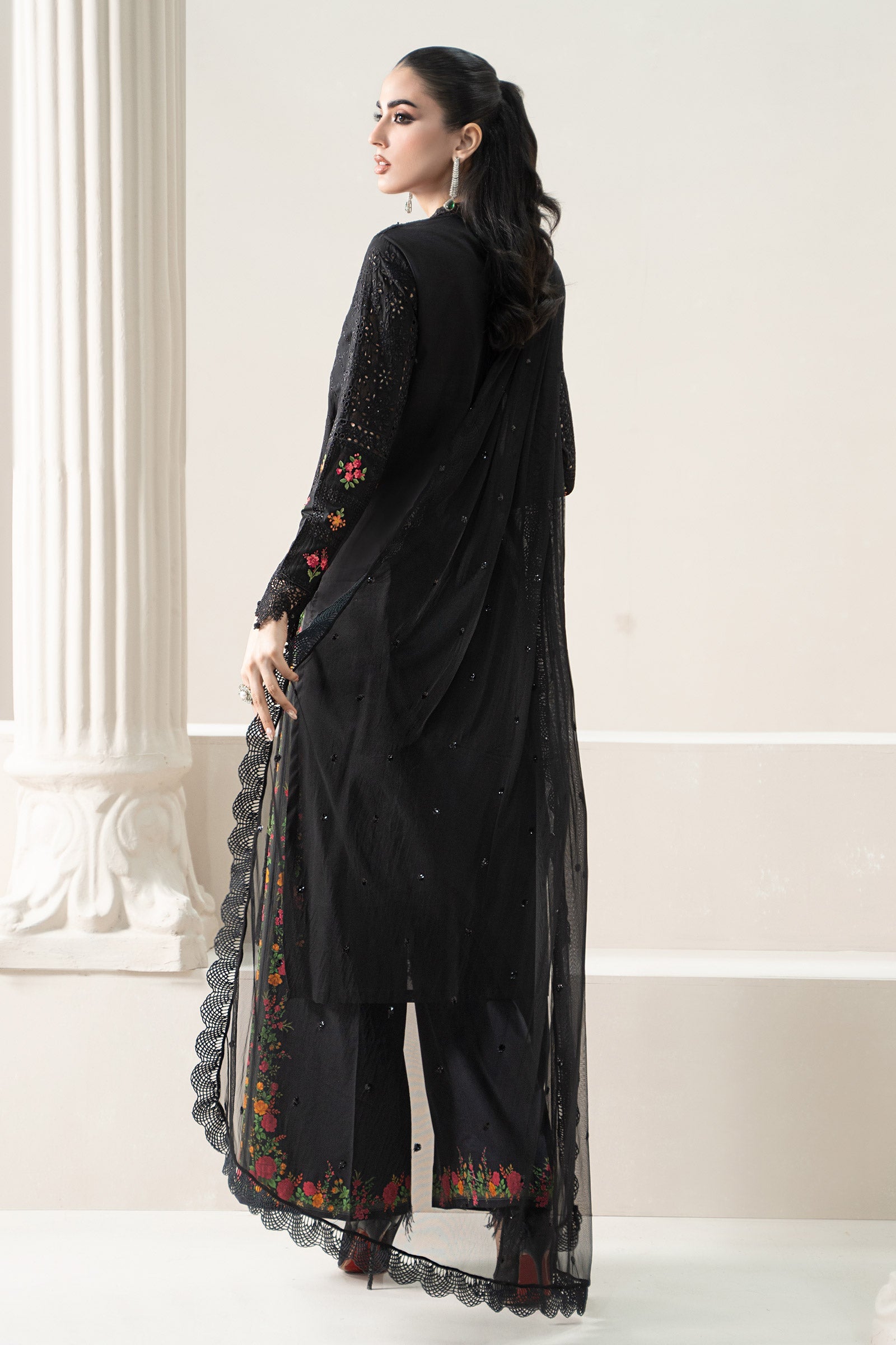 Black Embroidered Lawn & Cambric Salwar Kameez (3-Piece) - Image 10