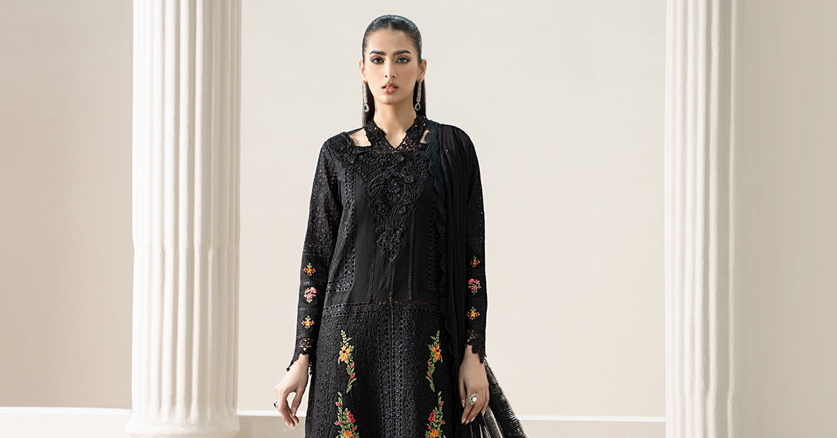 Black Embroidered Lawn & Cambric Salwar Kameez (3-Piece) - Image 11