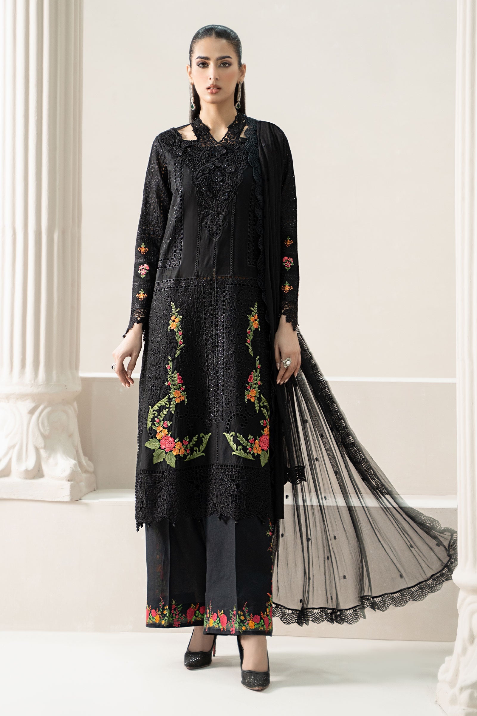 Black Embroidered Lawn & Cambric Salwar Kameez (3-Piece) - Image 2