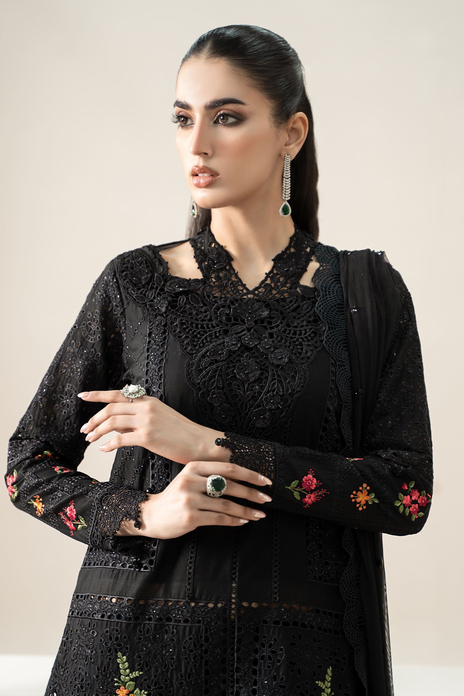 Black Embroidered Lawn & Cambric Salwar Kameez (3-Piece) - Image 3
