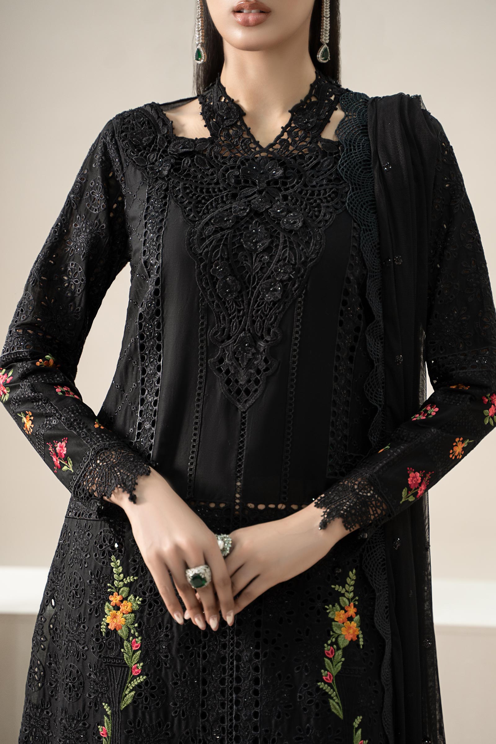 Black Embroidered Lawn & Cambric Salwar Kameez (3-Piece) - Image 6