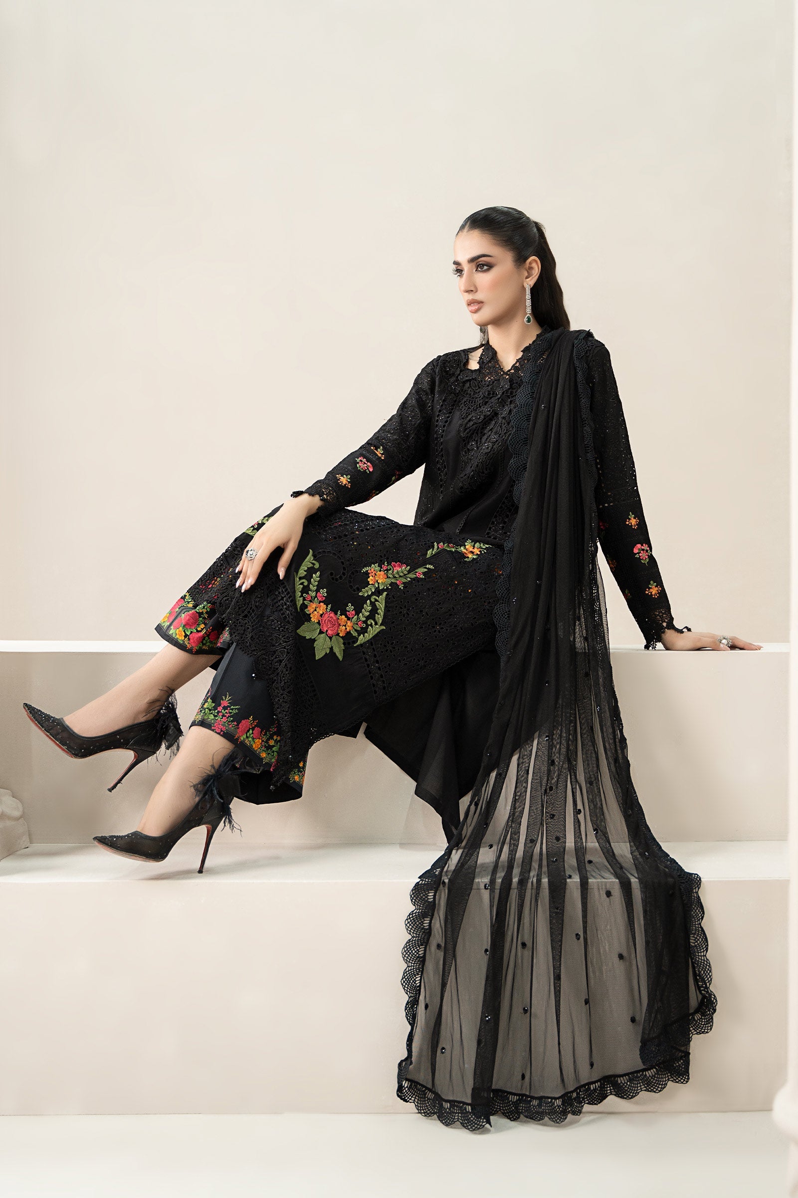 Black Embroidered Lawn & Cambric Salwar Kameez (3-Piece) - Image 8