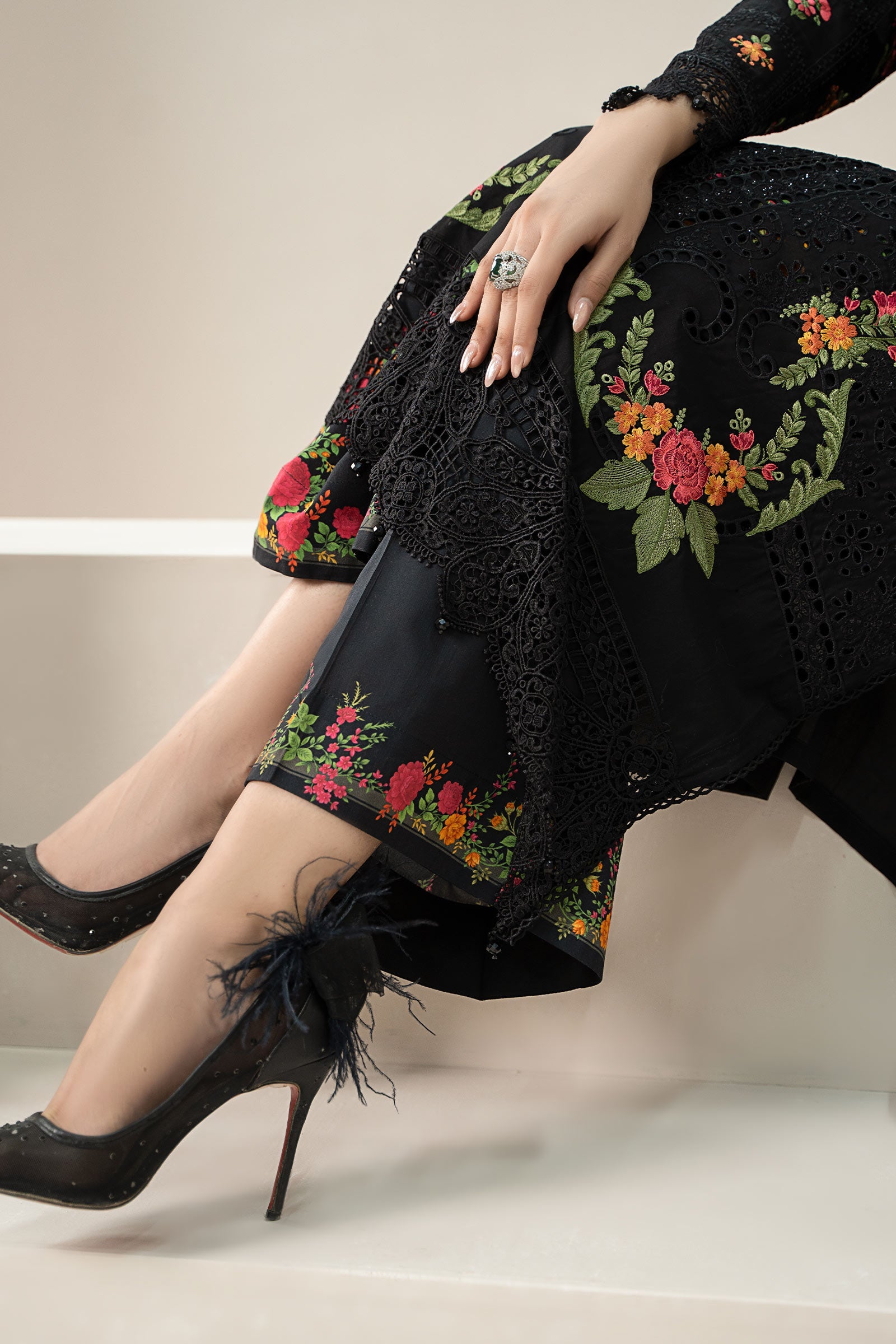Black Embroidered Lawn & Cambric Salwar Kameez (3-Piece) - Image 9