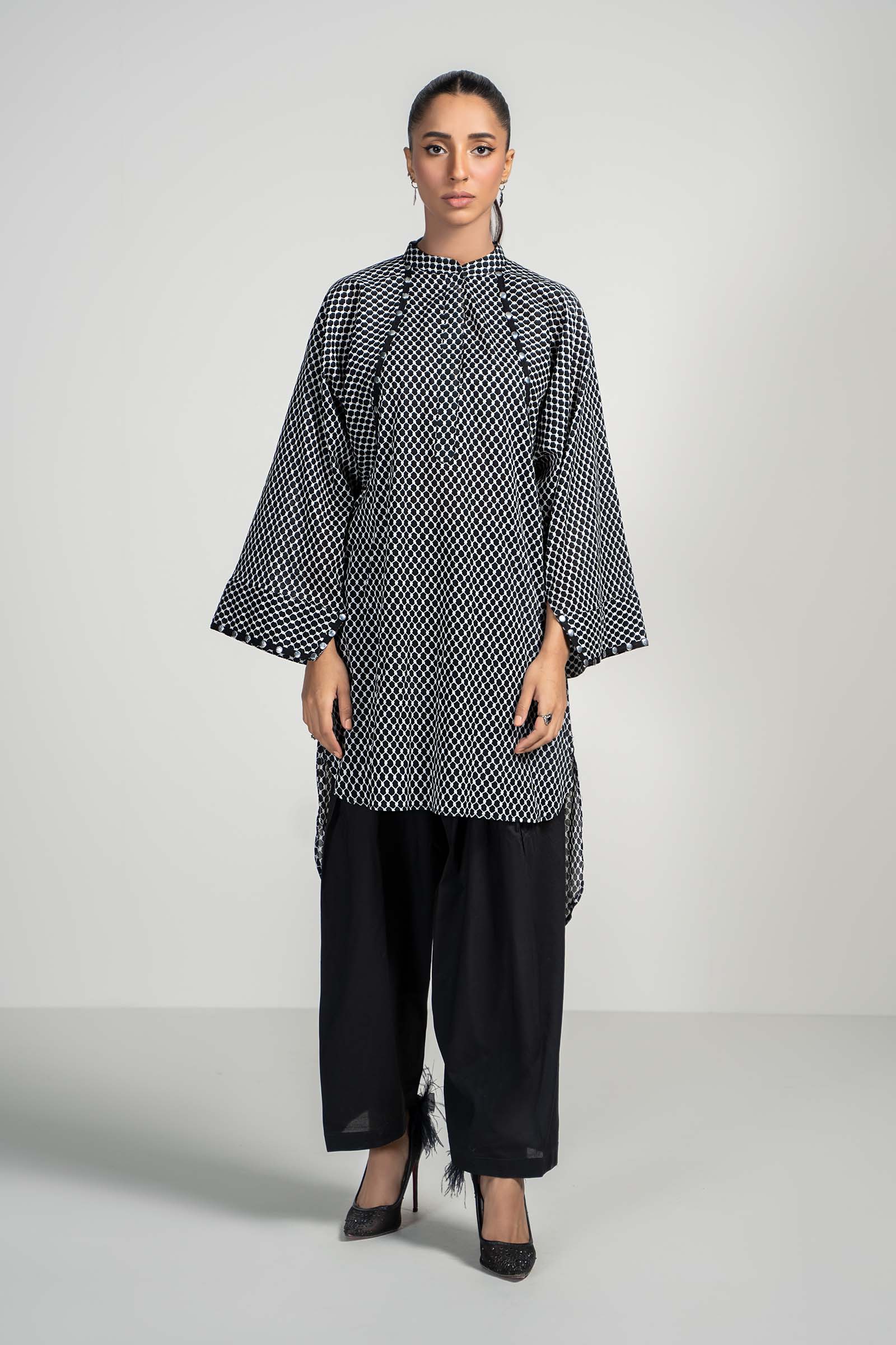 Black Printed Lawn Baggy Shirt & Cambric Shalwar (2-Piece) - Image 1