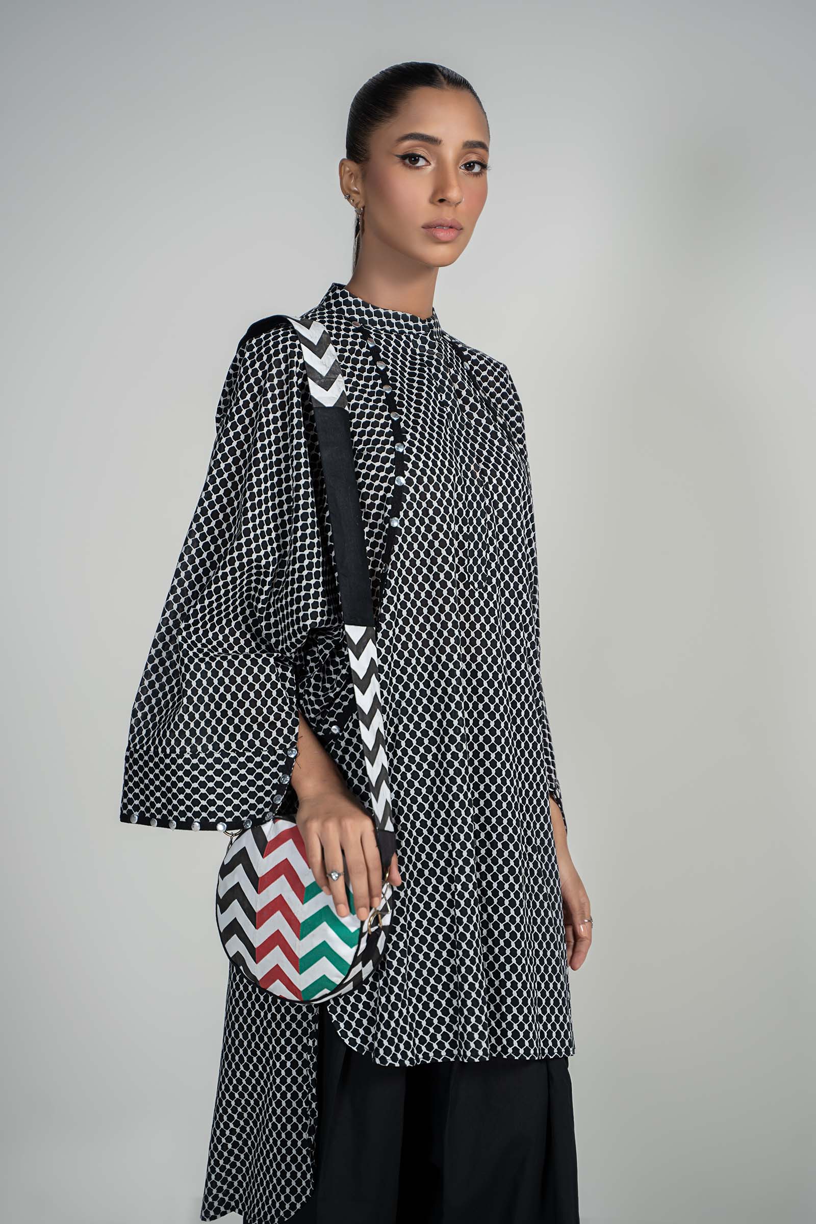 Black Printed Lawn Baggy Shirt & Cambric Shalwar (2-Piece) - Image 3