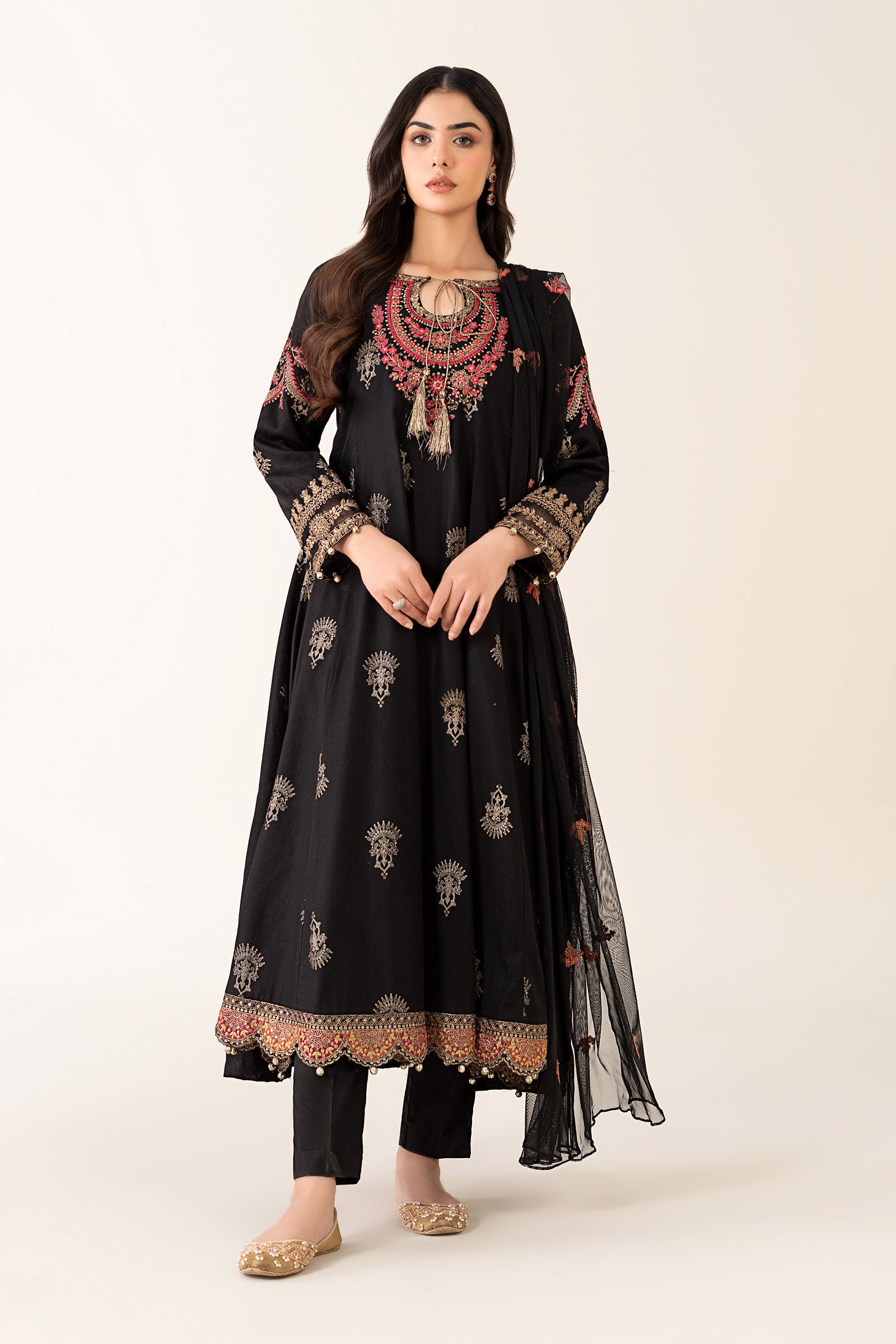 Black Embroidered Lawn Karandi Salwar Kameez (3-Piece) - Image 2