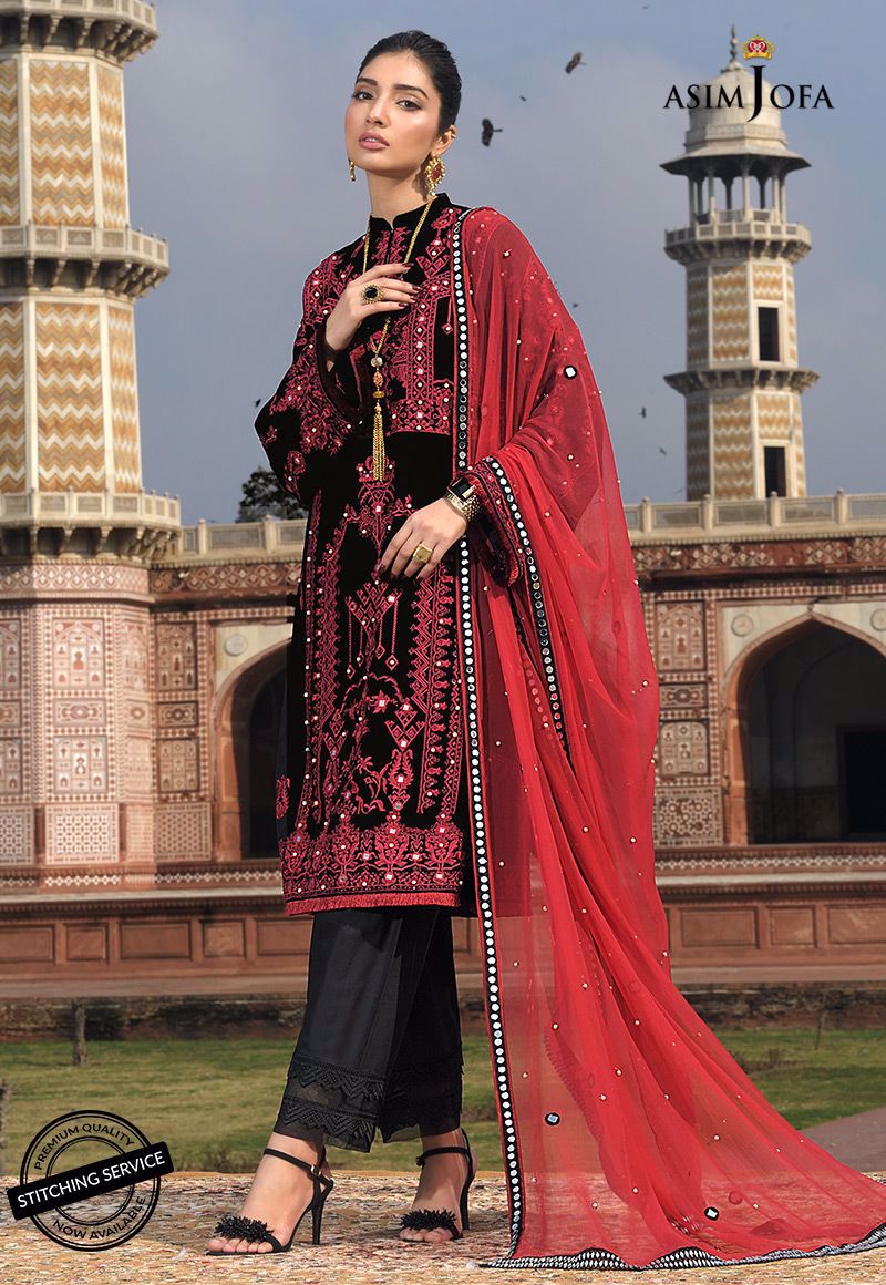 Black Embroidered Lawn 3-Piece Suit with Red Dupatta - Image 1