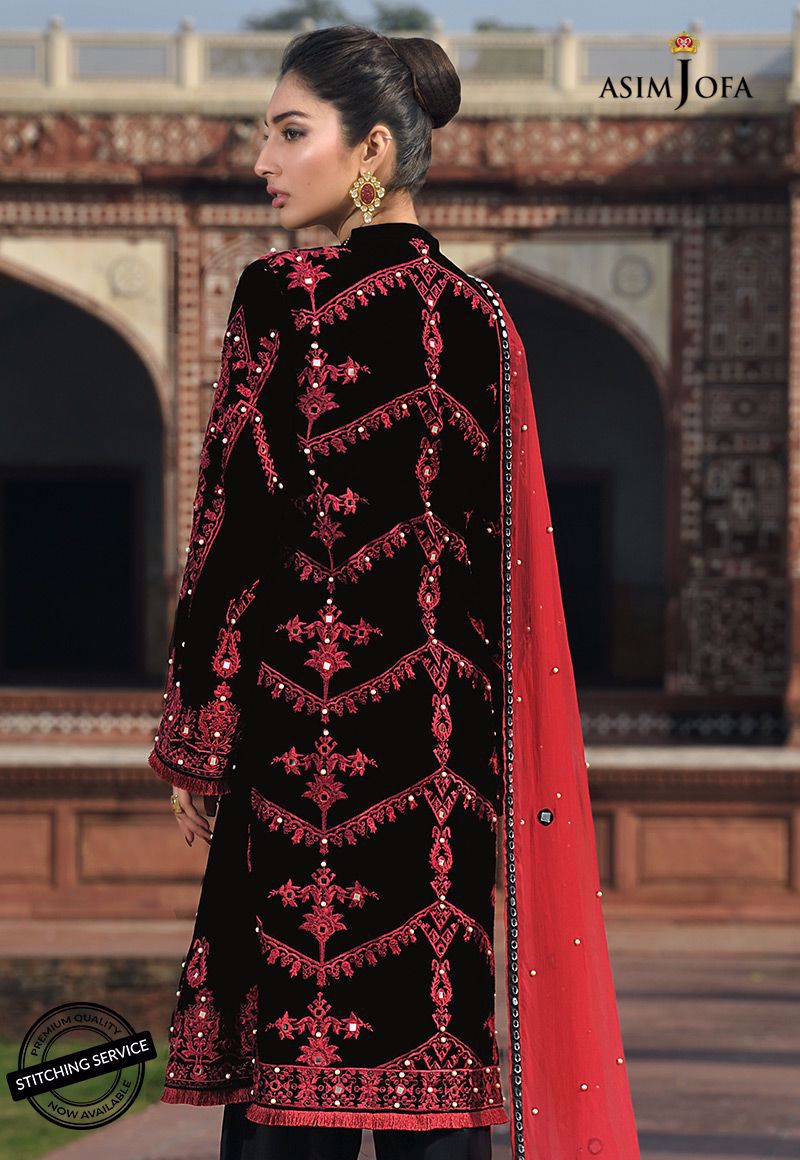 Black Embroidered Lawn 3-Piece Suit with Red Dupatta - Image 2