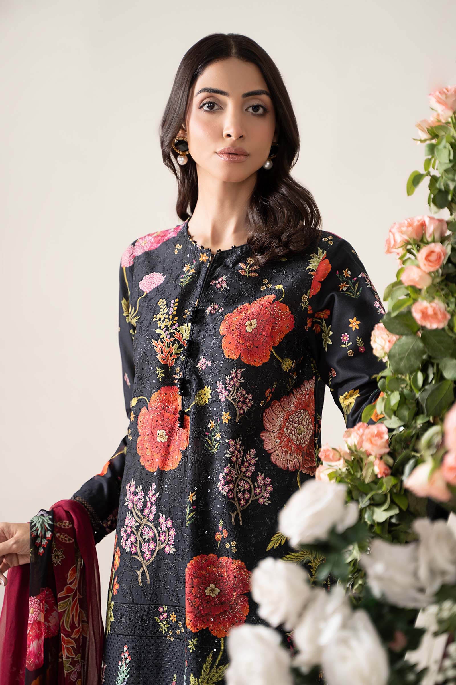 Pakistani Black Embroidered Lawn 3-Piece Suit - Image 2