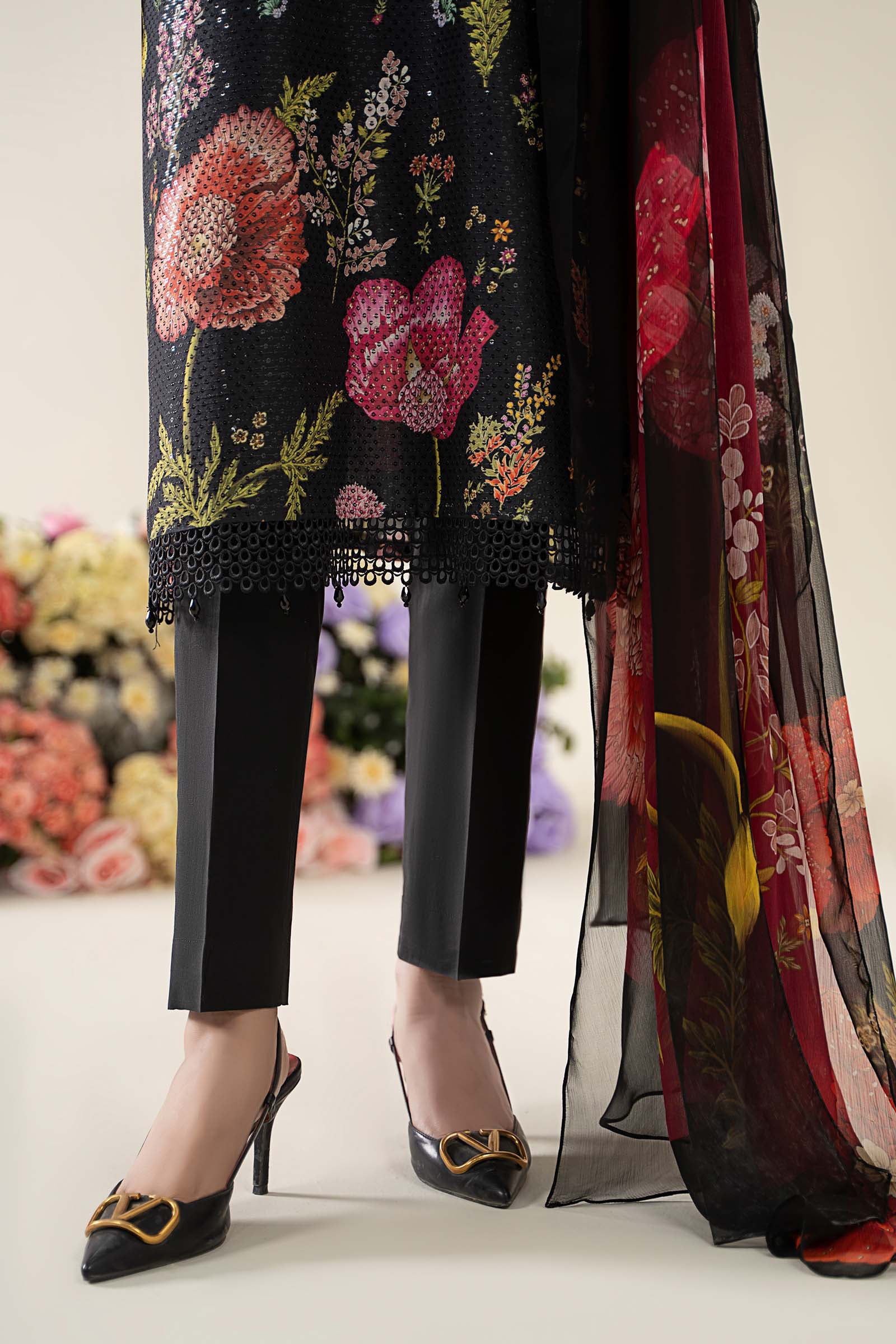 Pakistani Black Embroidered Lawn 3-Piece Suit - Image 6