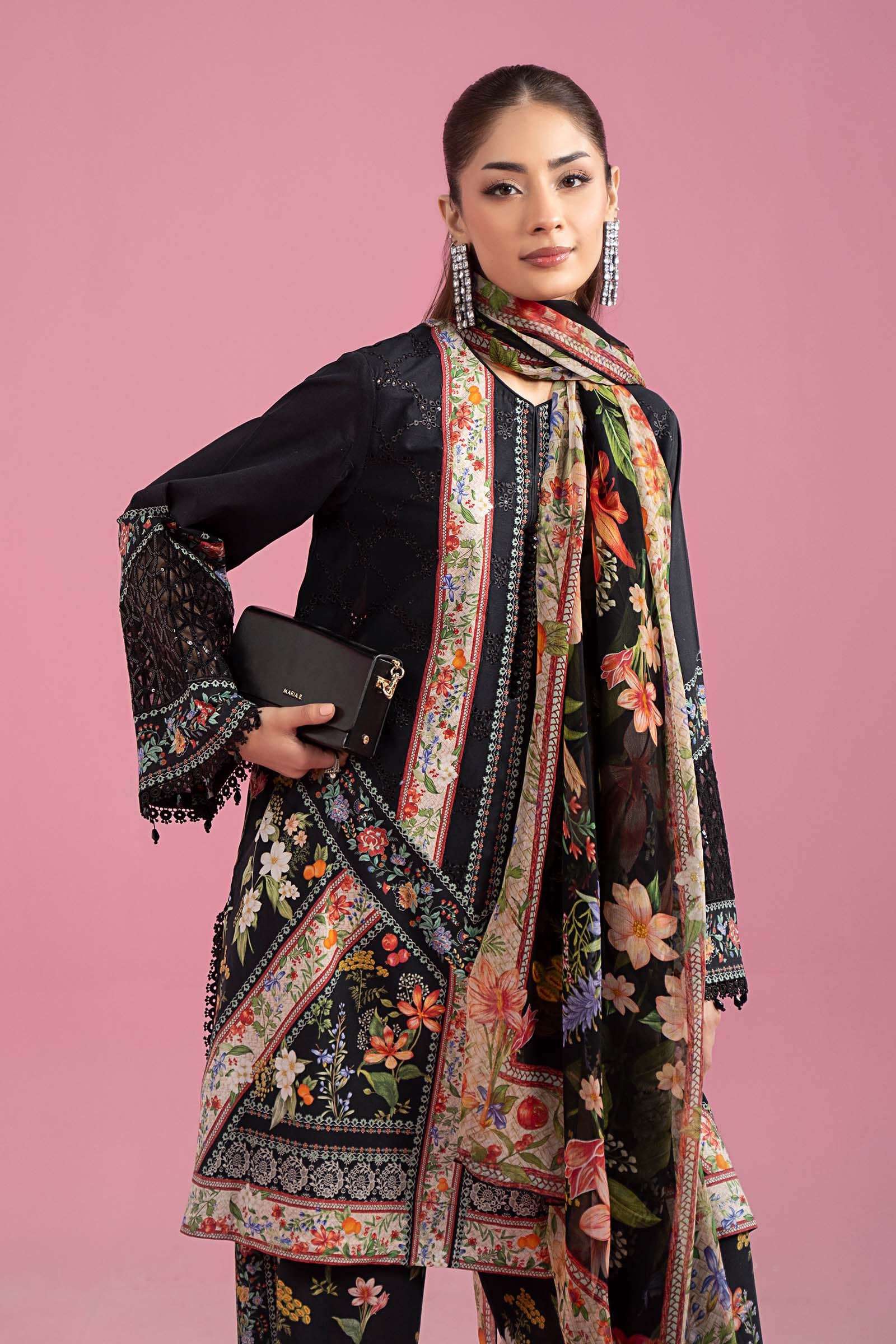 Pakistani Black Embroidered Lawn 3-Piece Suit - Image 3