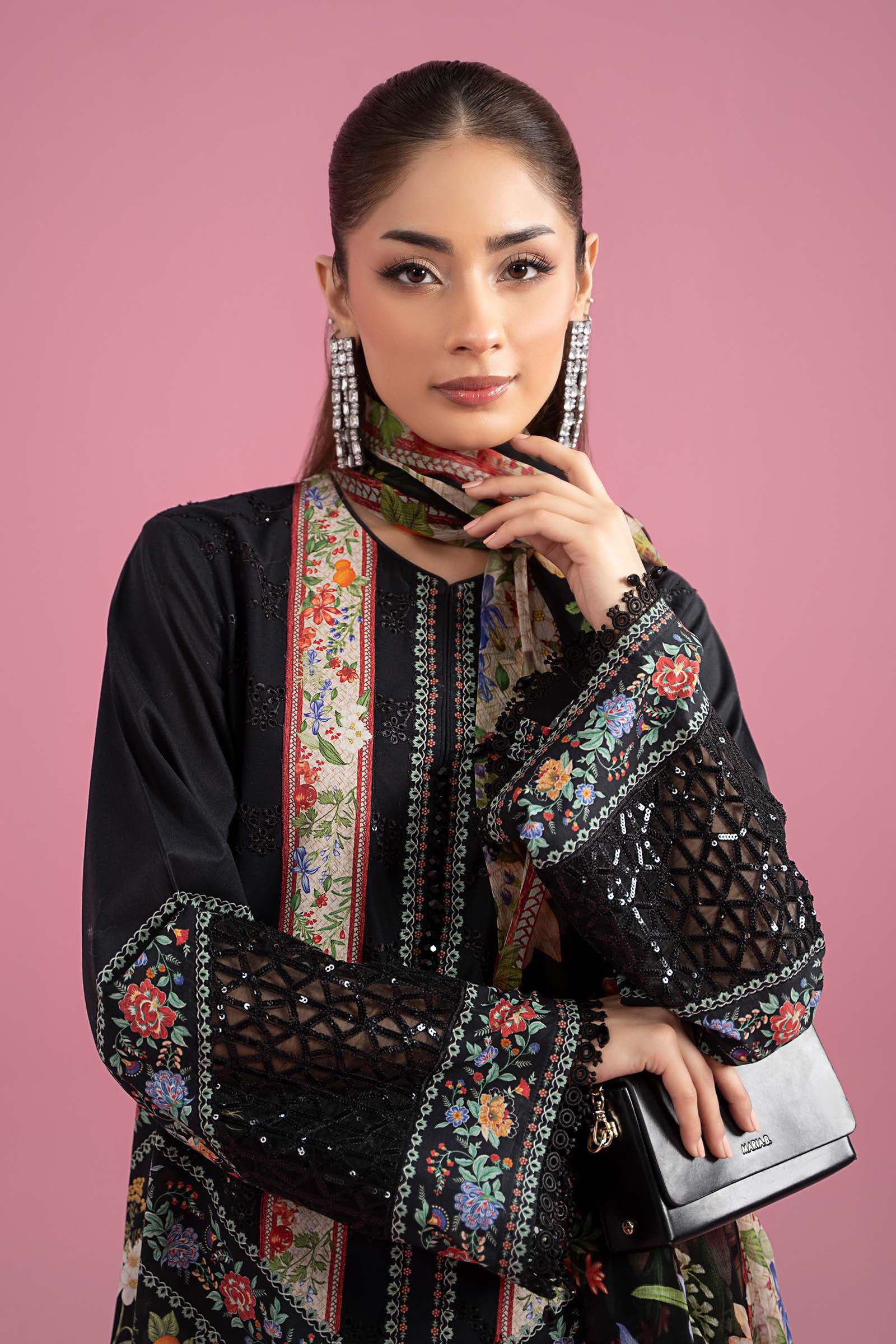 Pakistani Black Embroidered Lawn 3-Piece Suit - Image 4