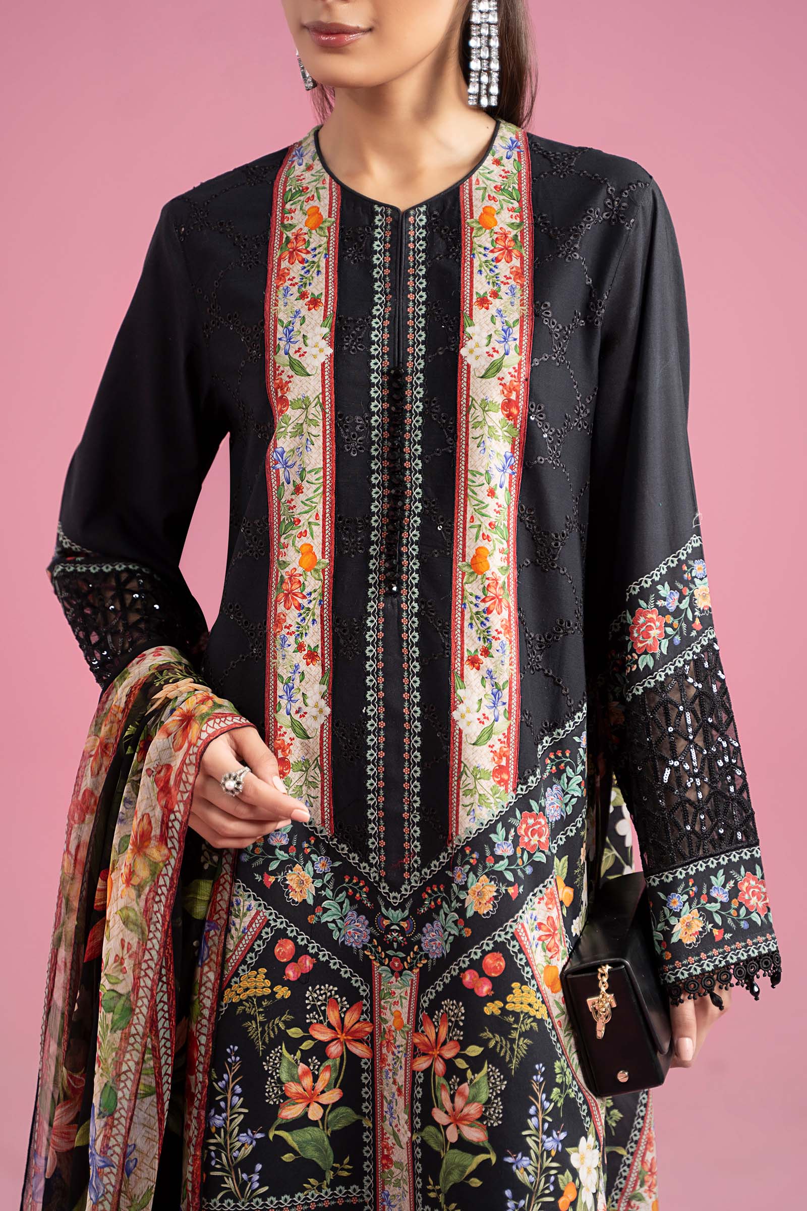 Pakistani Black Embroidered Lawn 3-Piece Suit - Image 5