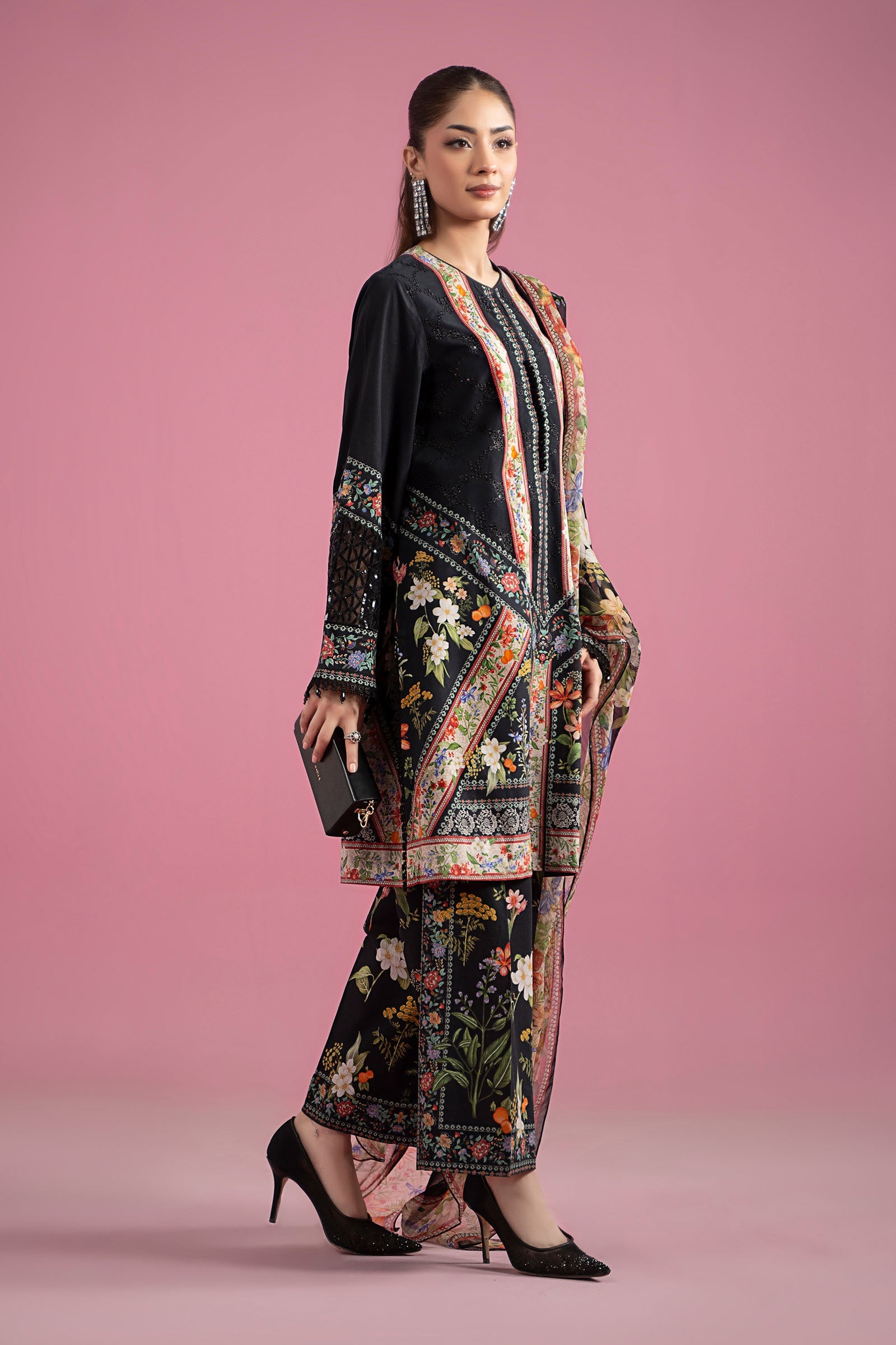 Pakistani Black Embroidered Lawn 3-Piece Suit - Image 7