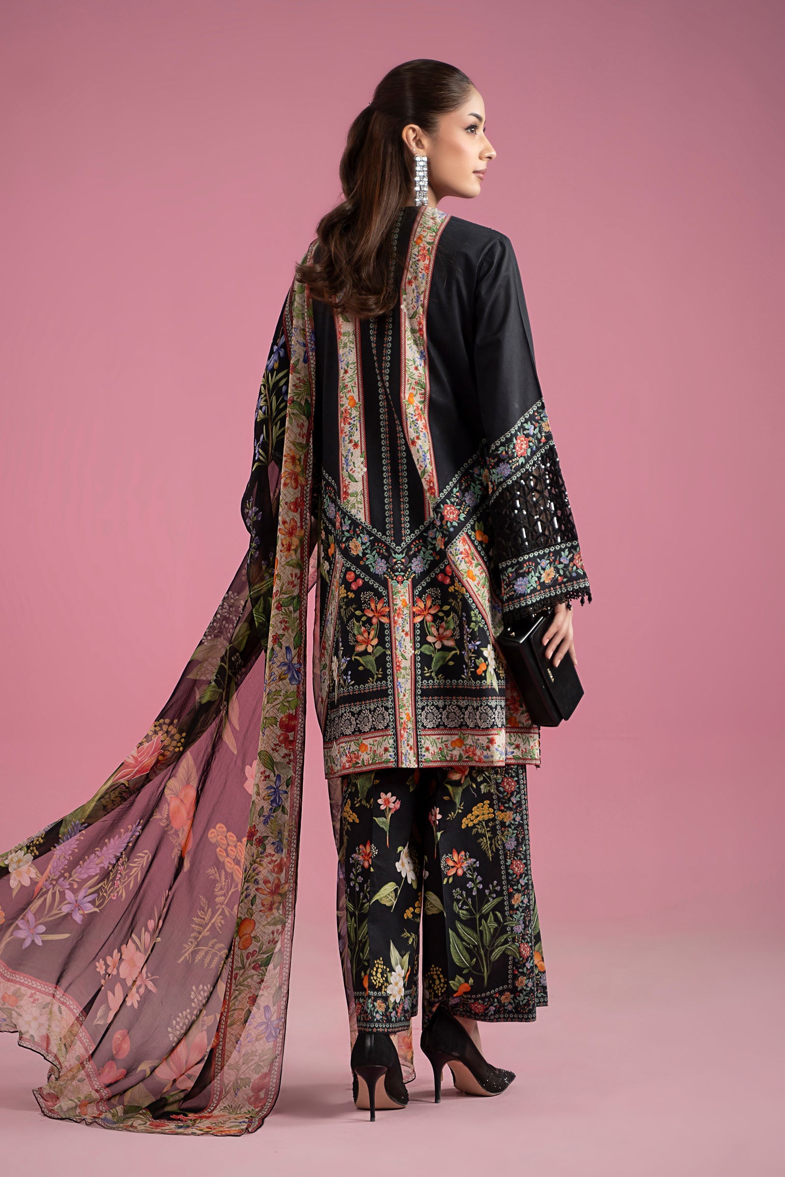 Pakistani Black Embroidered Lawn 3-Piece Suit - Image 8