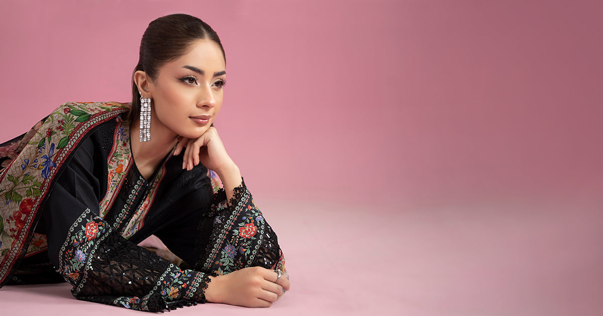 Pakistani Black Embroidered Lawn 3-Piece Suit - Image 9