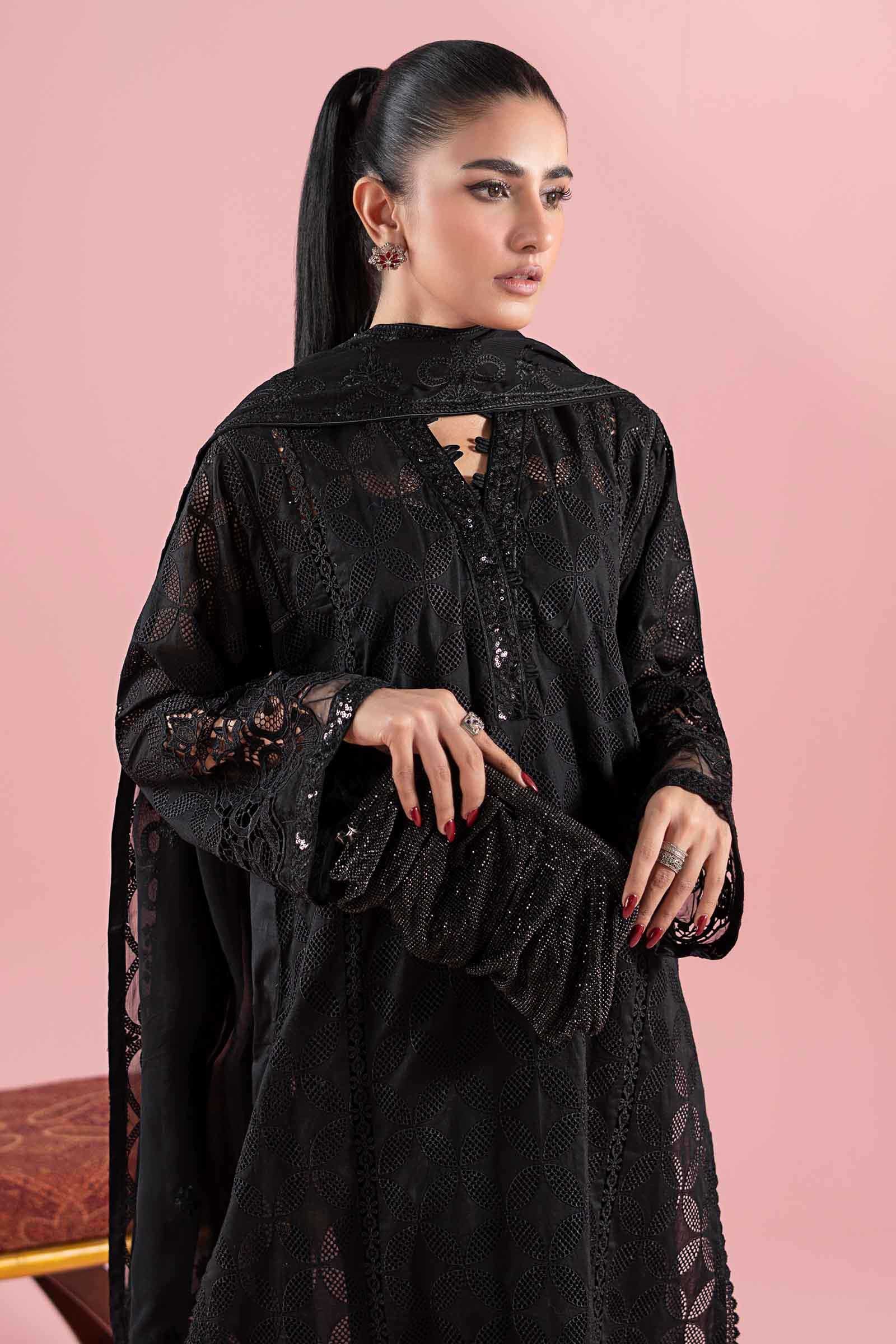 Black Schiffli Embroidered Lawn 3-Piece Suit - Image 3