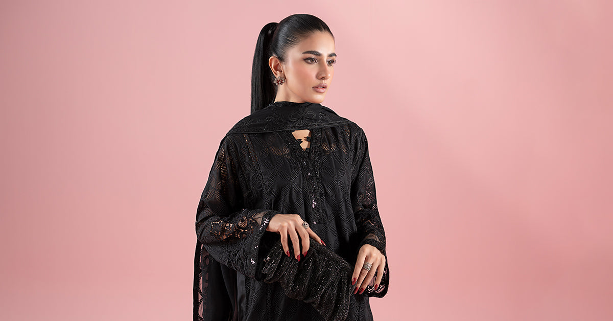 Black Schiffli Embroidered Lawn 3-Piece Suit - Image 4