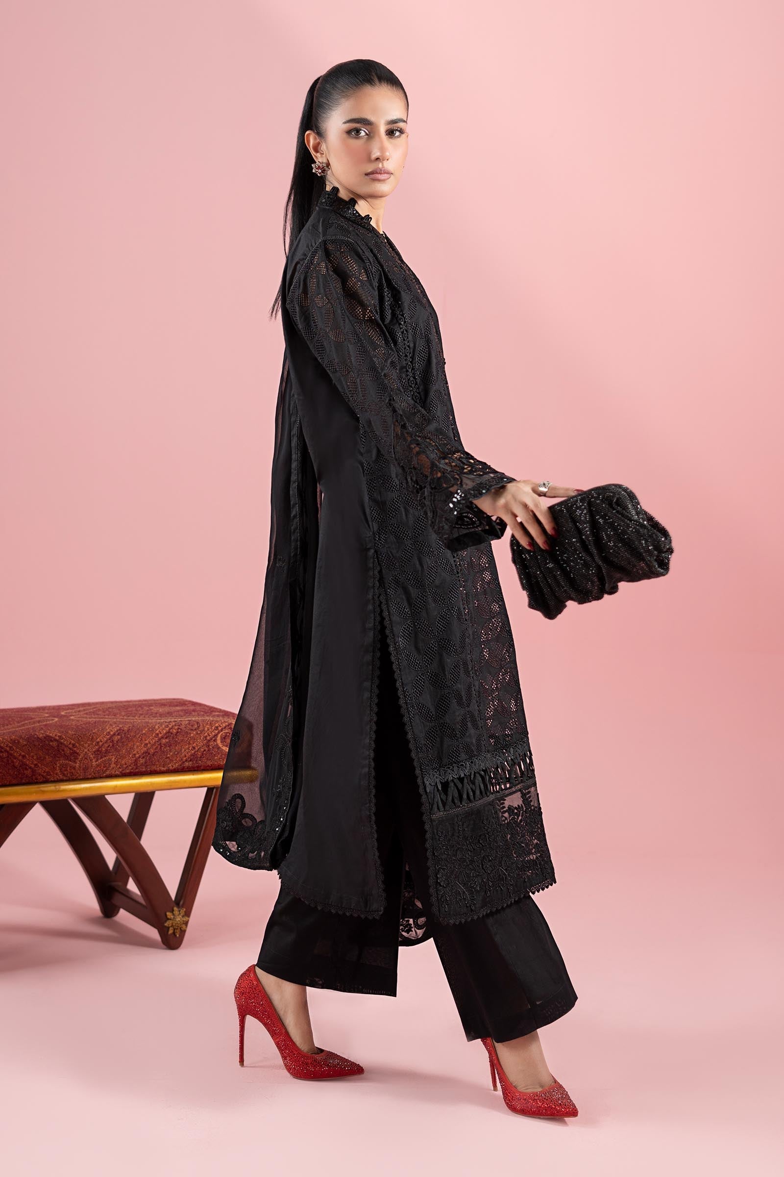 Black Schiffli Embroidered Lawn 3-Piece Suit - Image 6