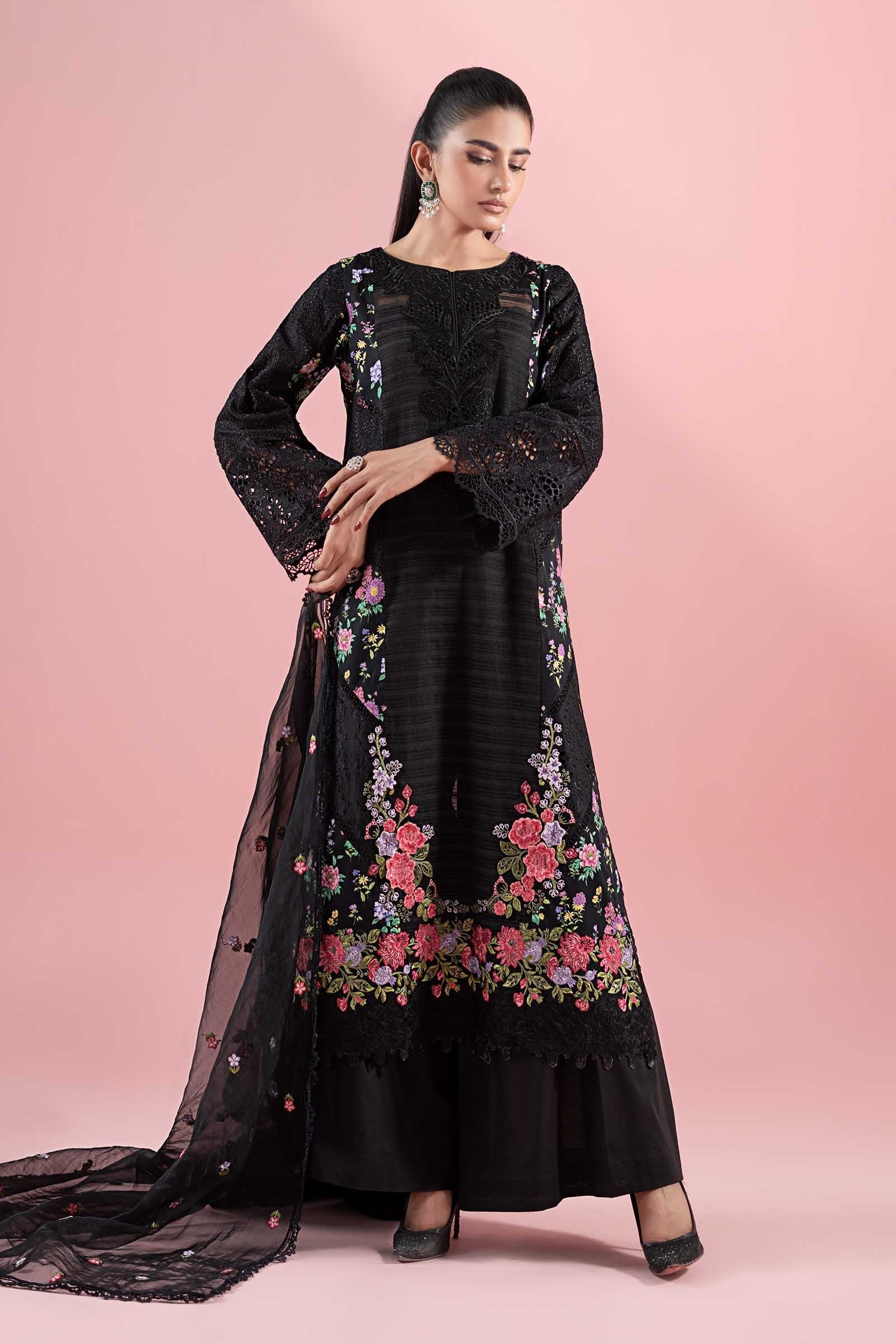 Black Embroidered Lawn & Cambric 3-Piece Suit - Image 1