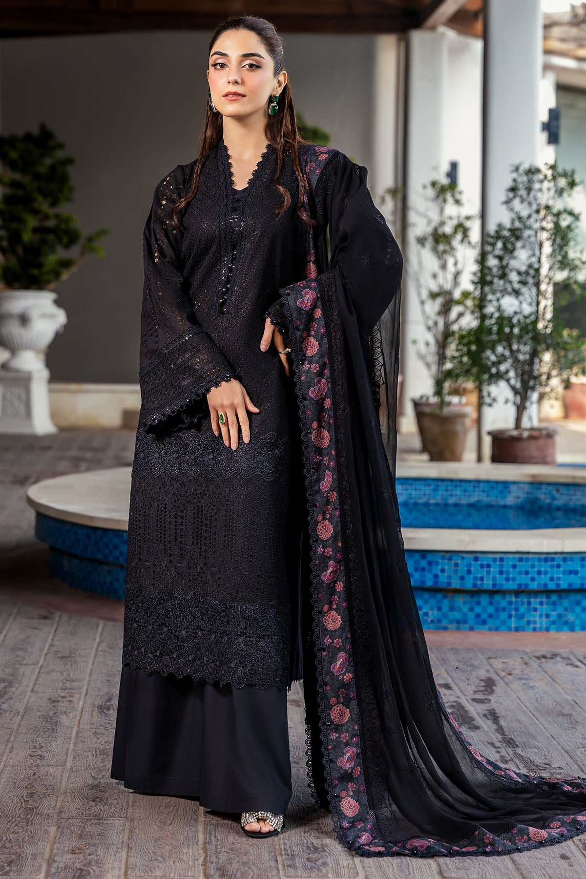 Black Schiffli Embroidered Lawn 3-Piece Suit - Image 1
