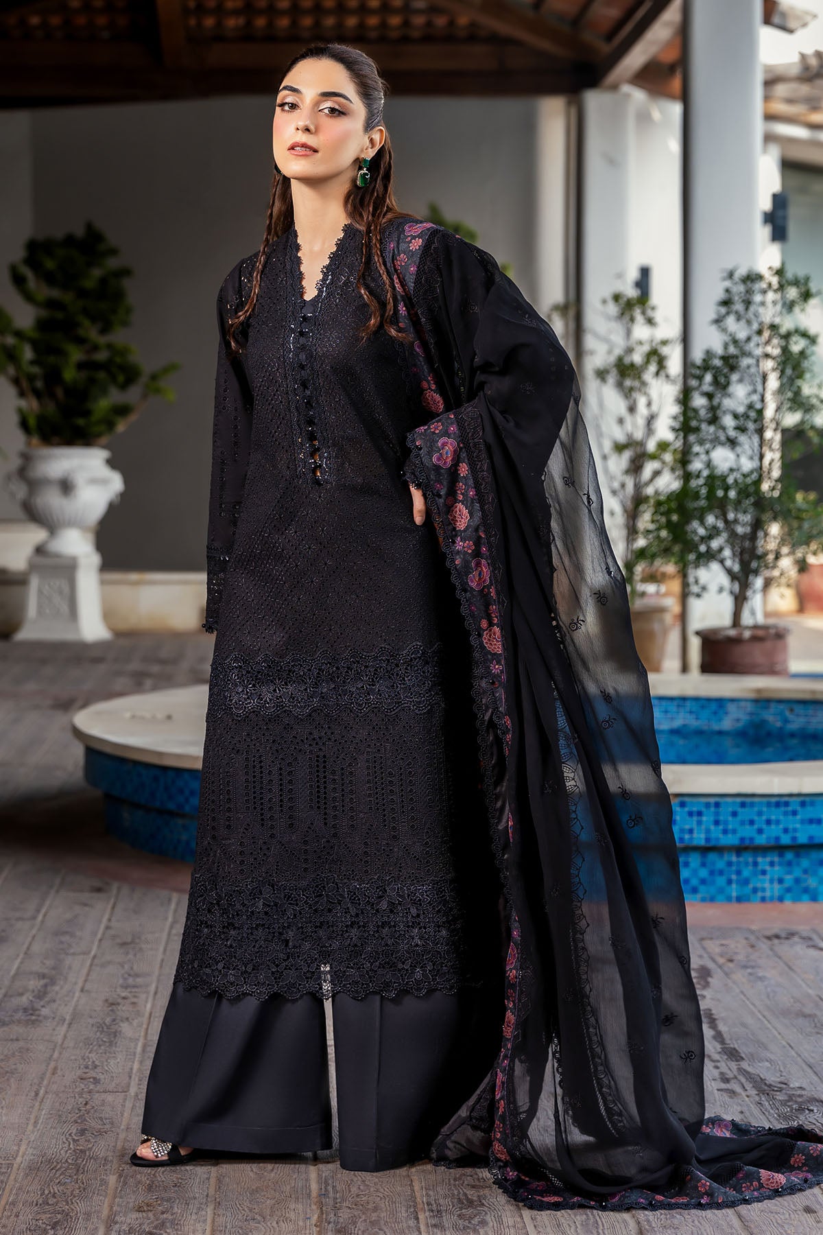 Black Schiffli Embroidered Lawn 3-Piece Suit - Image 2