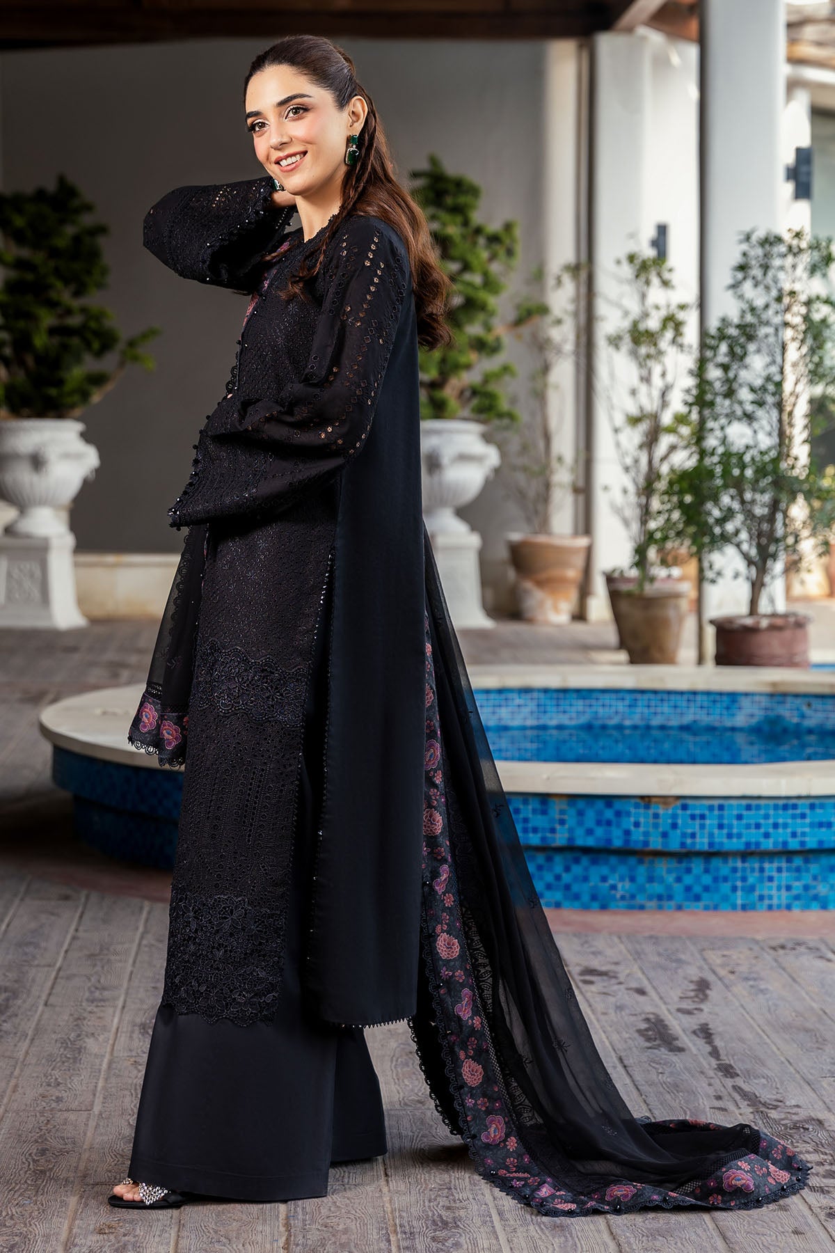 Black Schiffli Embroidered Lawn 3-Piece Suit - Image 4