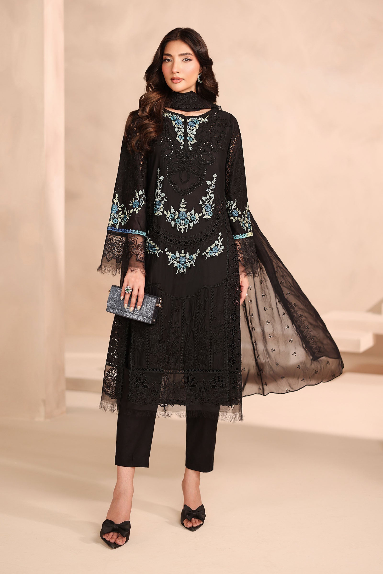 Pakistani Black Schiffli Embroidered Lawn 3-Piece Suit - Image 1