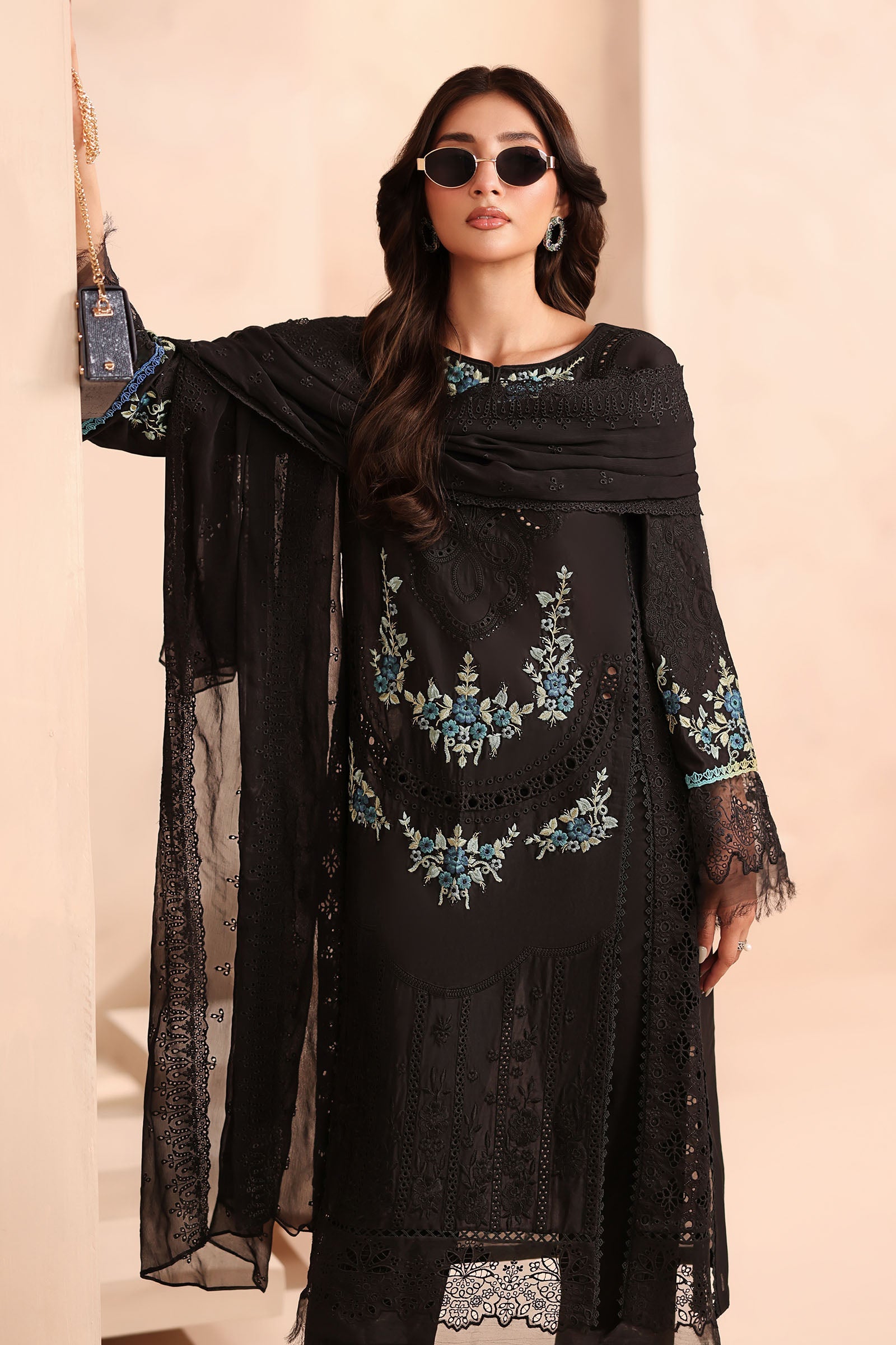 Pakistani Black Schiffli Embroidered Lawn 3-Piece Suit - Image 2