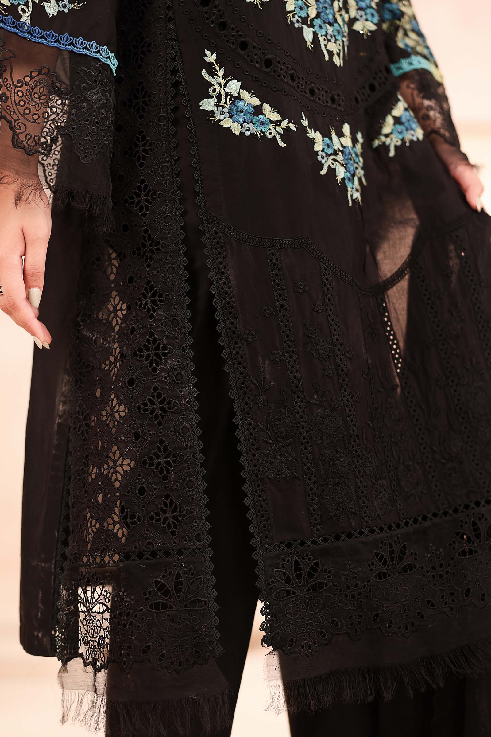 Pakistani Black Schiffli Embroidered Lawn 3-Piece Suit - Image 4
