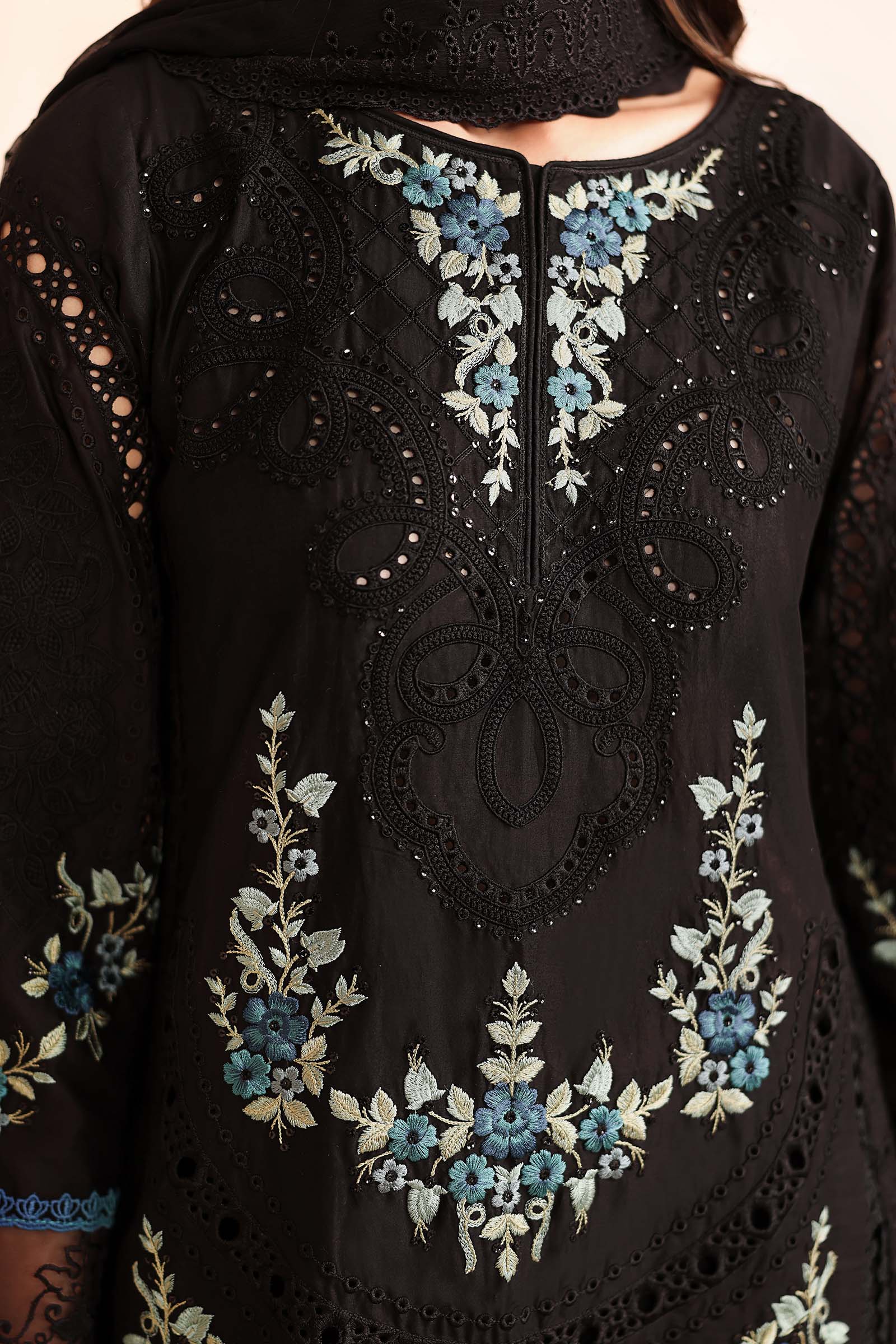 Pakistani Black Schiffli Embroidered Lawn 3-Piece Suit - Image 5