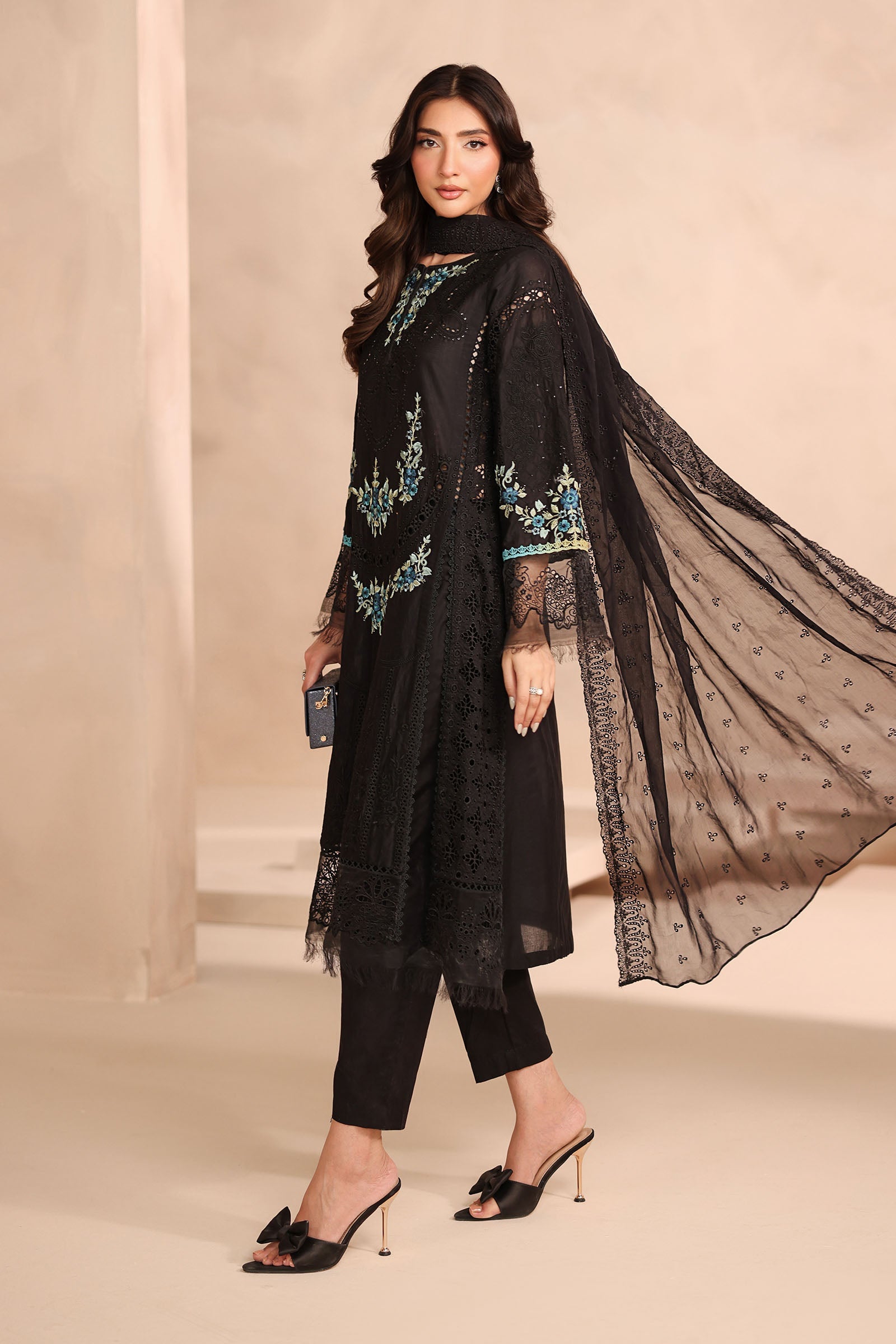Pakistani Black Schiffli Embroidered Lawn 3-Piece Suit - Image 7